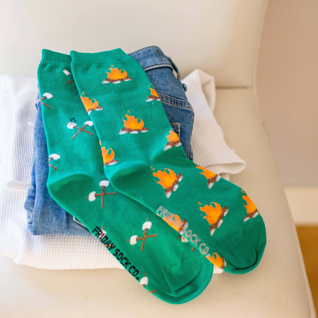 Friday Sock Co. - Women’s Campfire & Marshmallow Crew Socks - Unique Pair