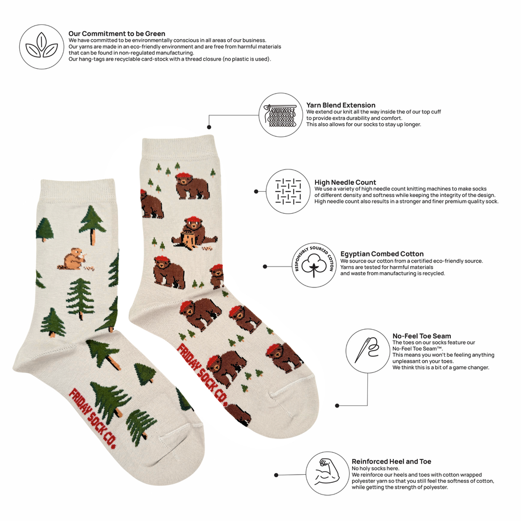 Friday Sock Co. - Women's Bear in Hat and Trees Crew Socks - Cute Gift for Mom