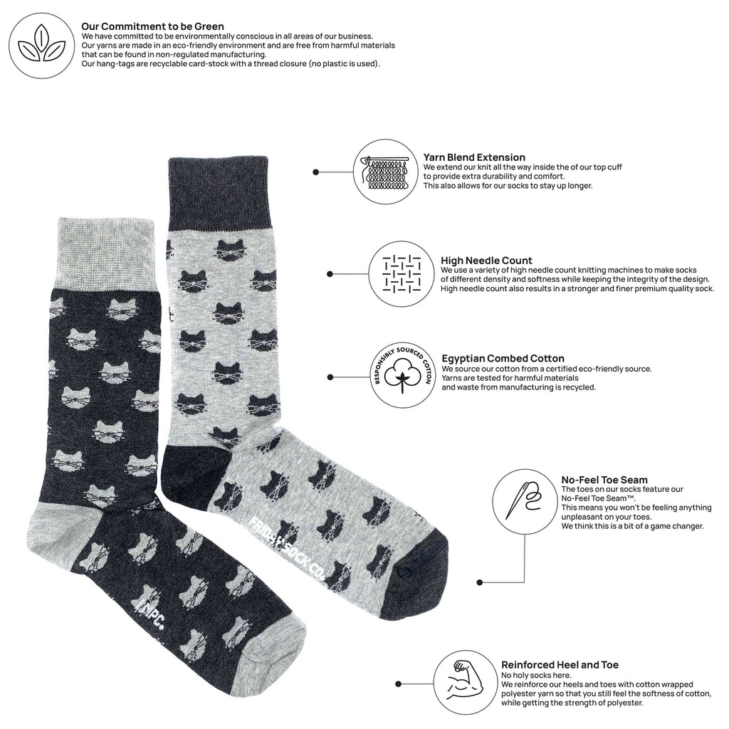 Friday Sock Co. - Men’s Inverted Grey Cat Mid-Calf Socks - Unique for Him