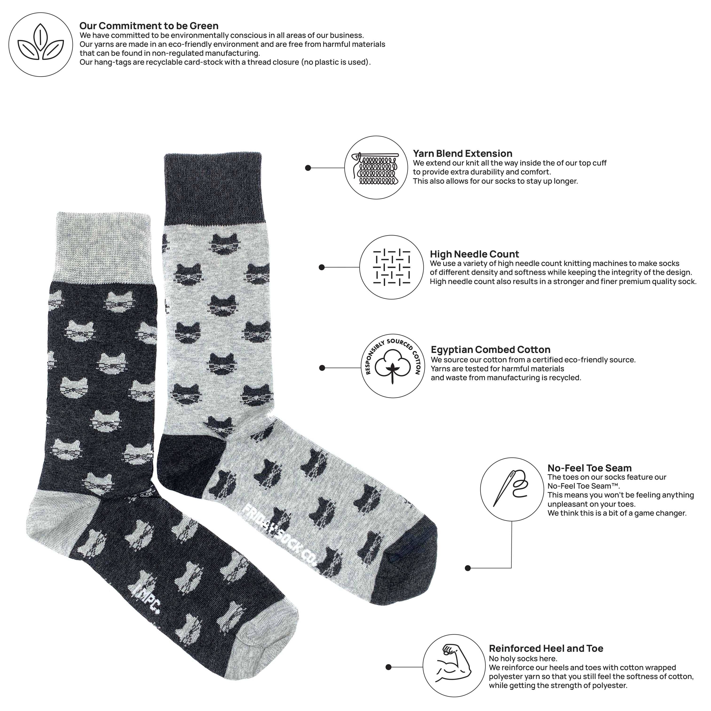 Friday Sock Co. - Men’s Inverted Grey Cat Mid-Calf Socks - Unique for Him