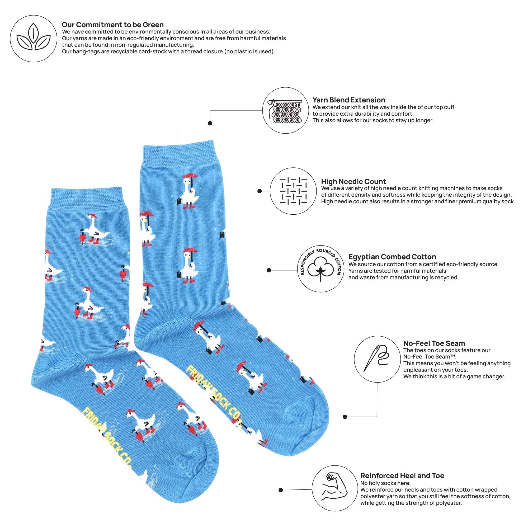 Friday Sock Co. - Women's Goose in Rain Crew Socks - Cute Novelty Print