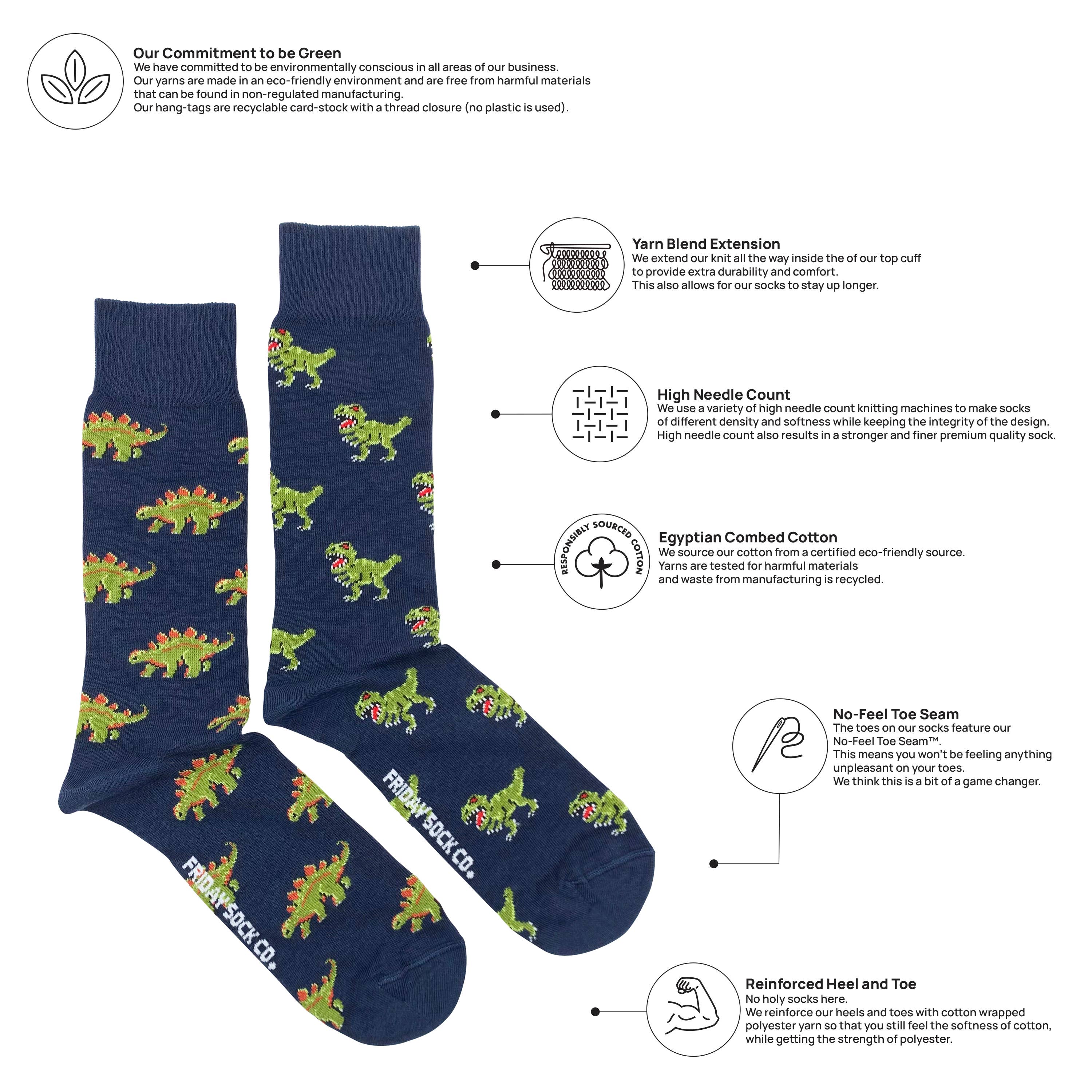 Friday Sock Co. - Men's Green Dinosaur Mid-Calf Socks