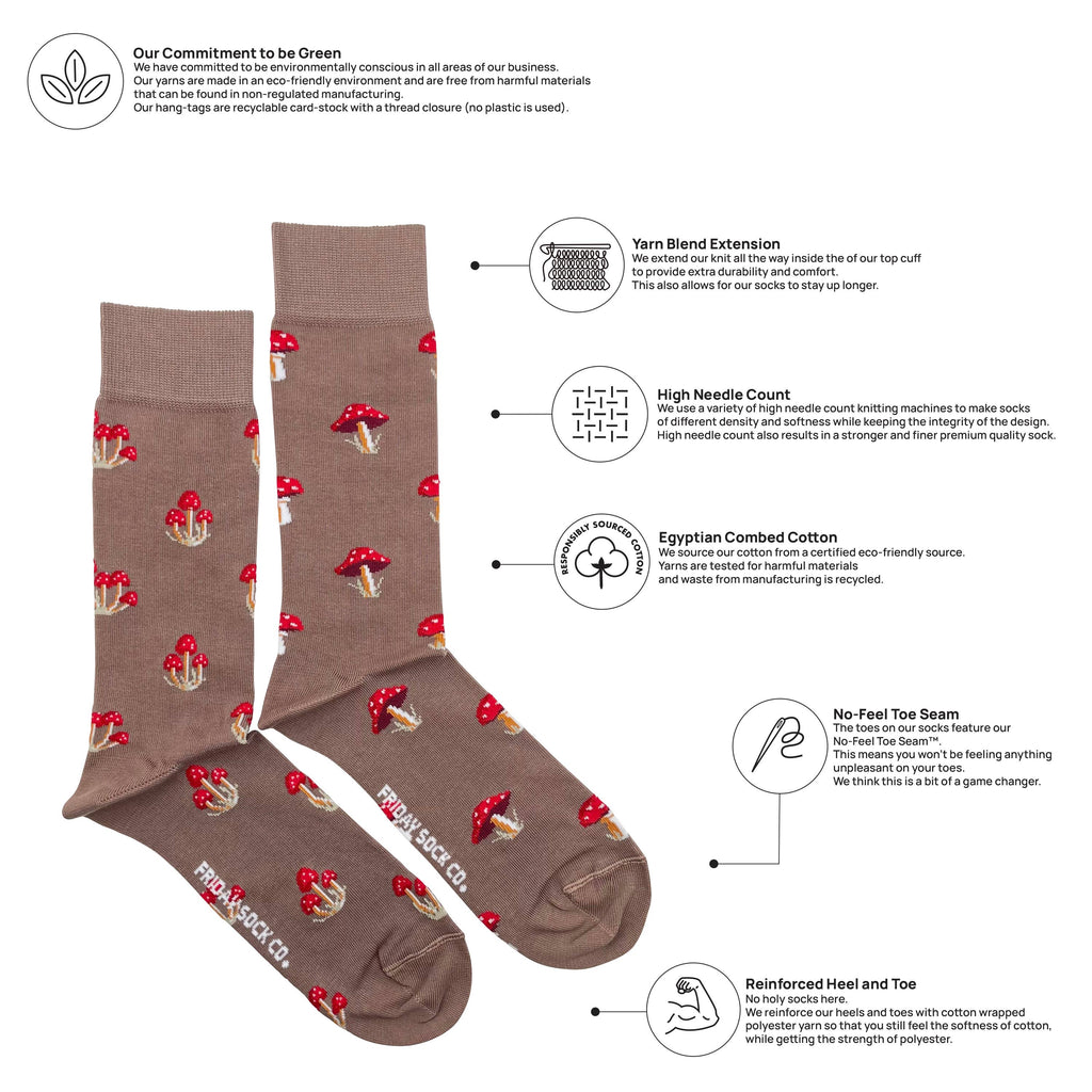 Friday Sock Co. - Men's Mushroom Mid-Calf Socks - Soft Combed Cotton Gift