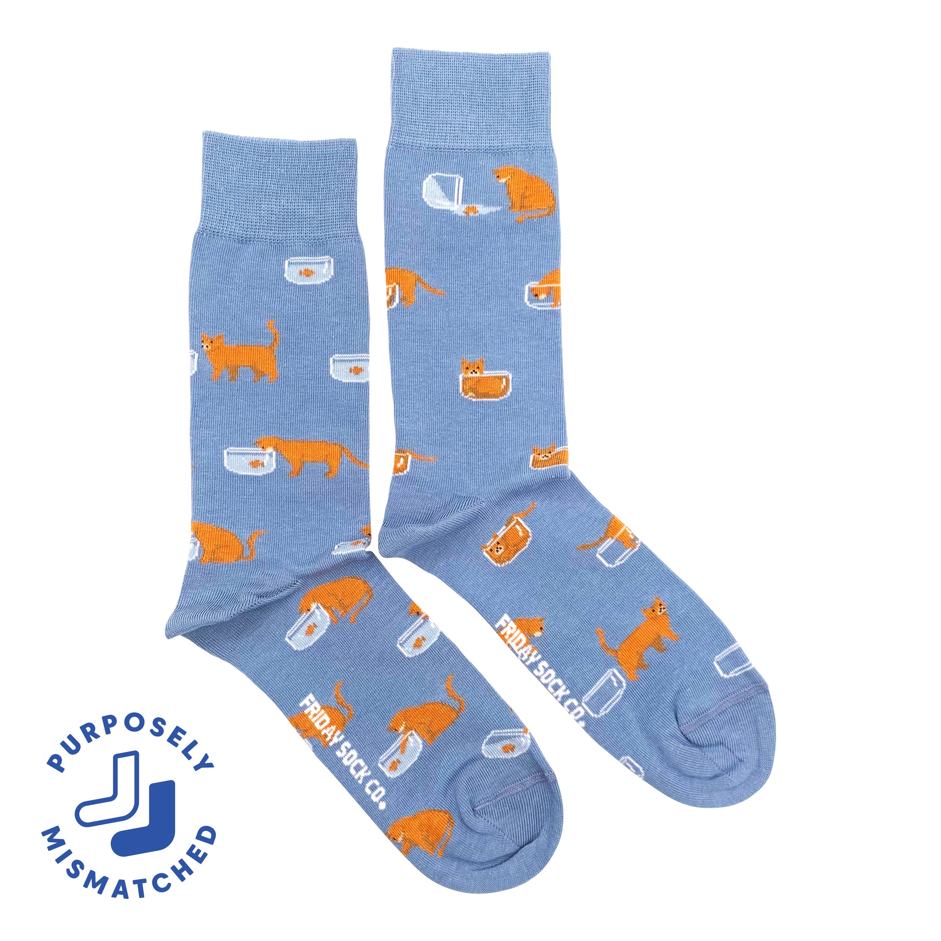 Friday Sock Co. - Men's Cat & Goldfish Mid-Calf Socks - Cute Novelty Print