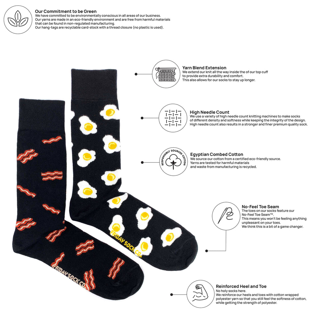 Friday Sock Co. - Men’s Bacon & Eggs Mid-Calf Socks - Novelty Made in Italy