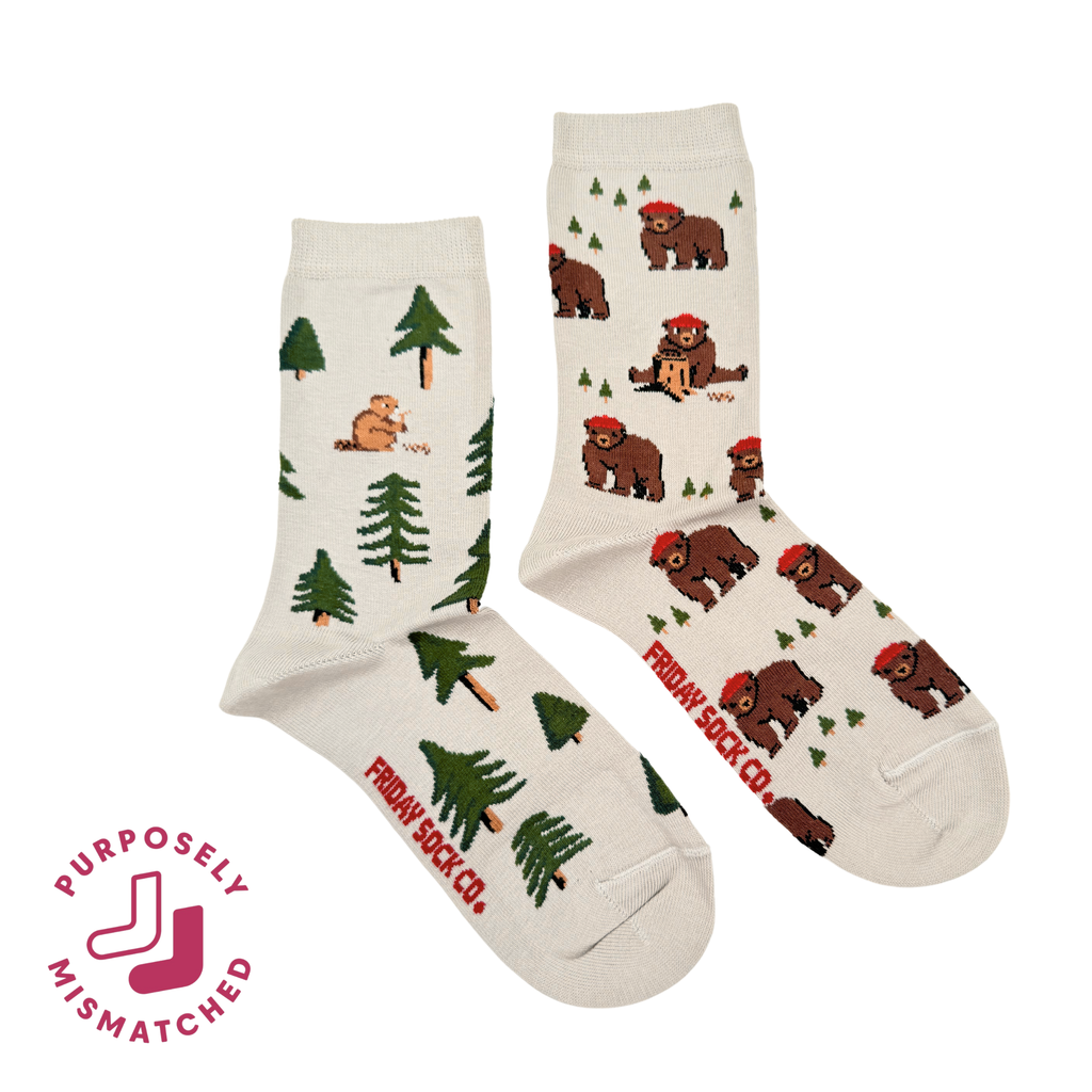 Friday Sock Co. - Women's Bear in Hat and Trees Crew Socks - Cute Gift for Mom