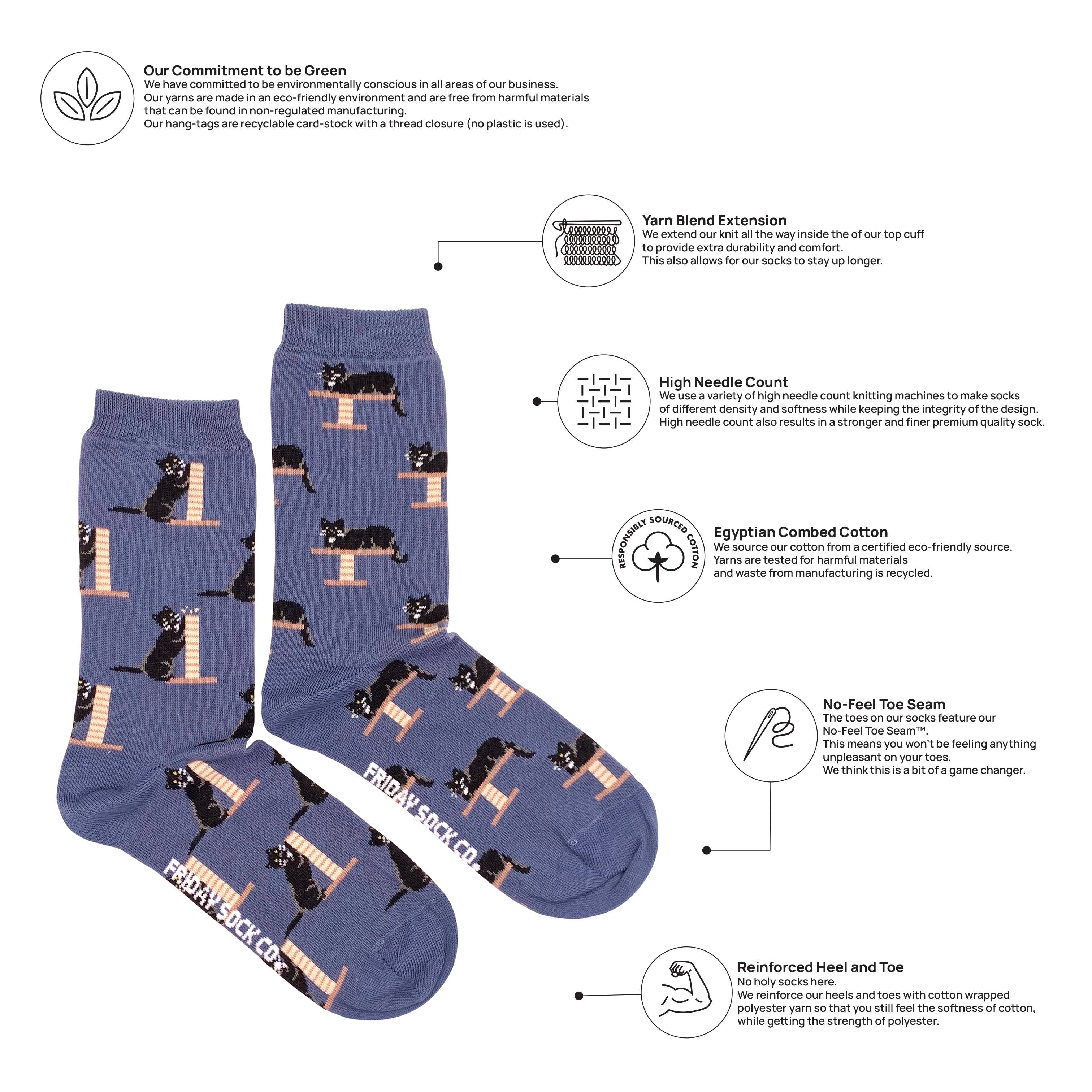 Friday Sock Co. - Women's Cozy Black Cat Crew Socks - Playful Feline Design