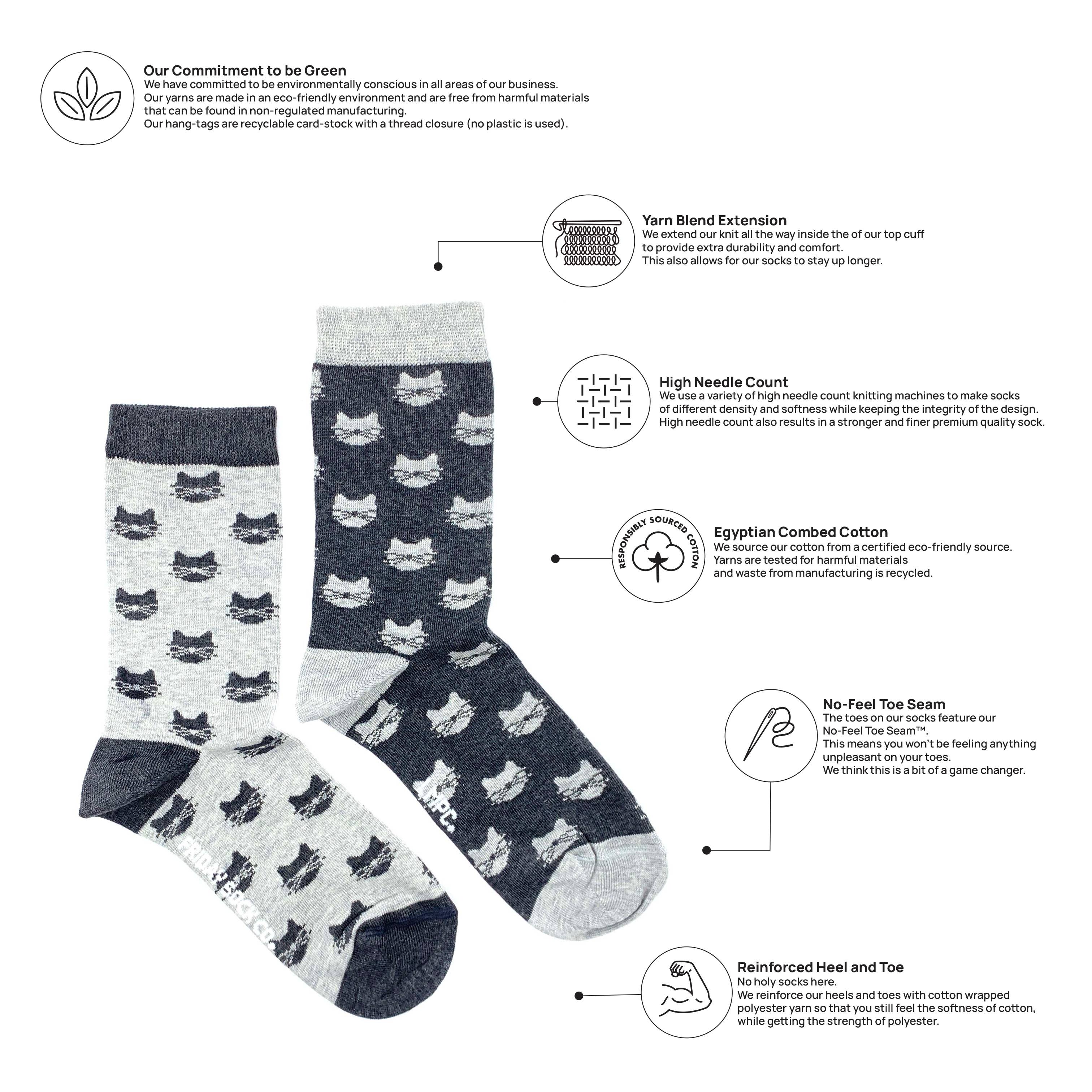Friday Sock Co. - Women’s Inverted Grey Cat Crew Socks - Soft Combed Cotton