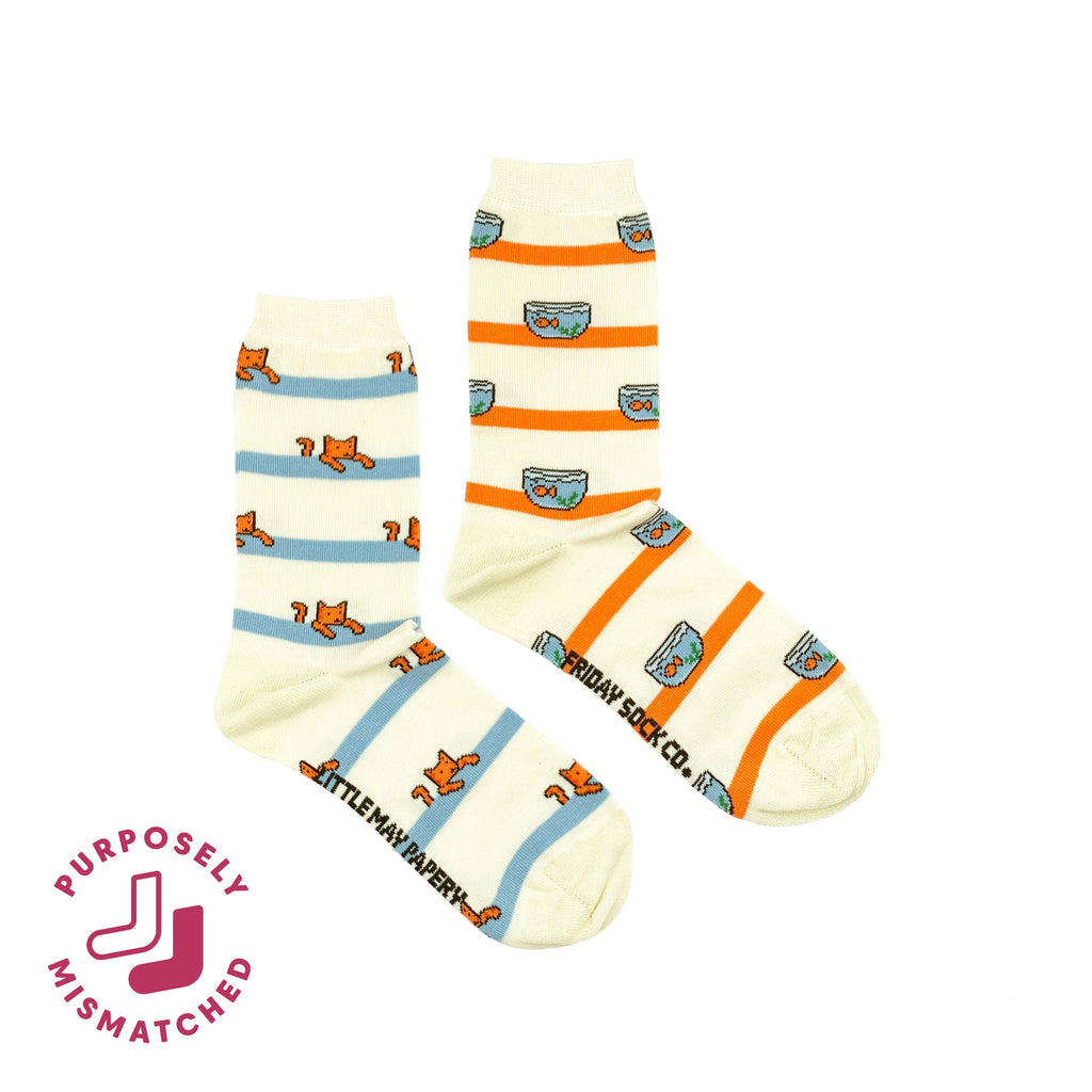 Friday Sock Co. - Women’s Cat and Fishbowl Crew Socks - Playful Feline Design