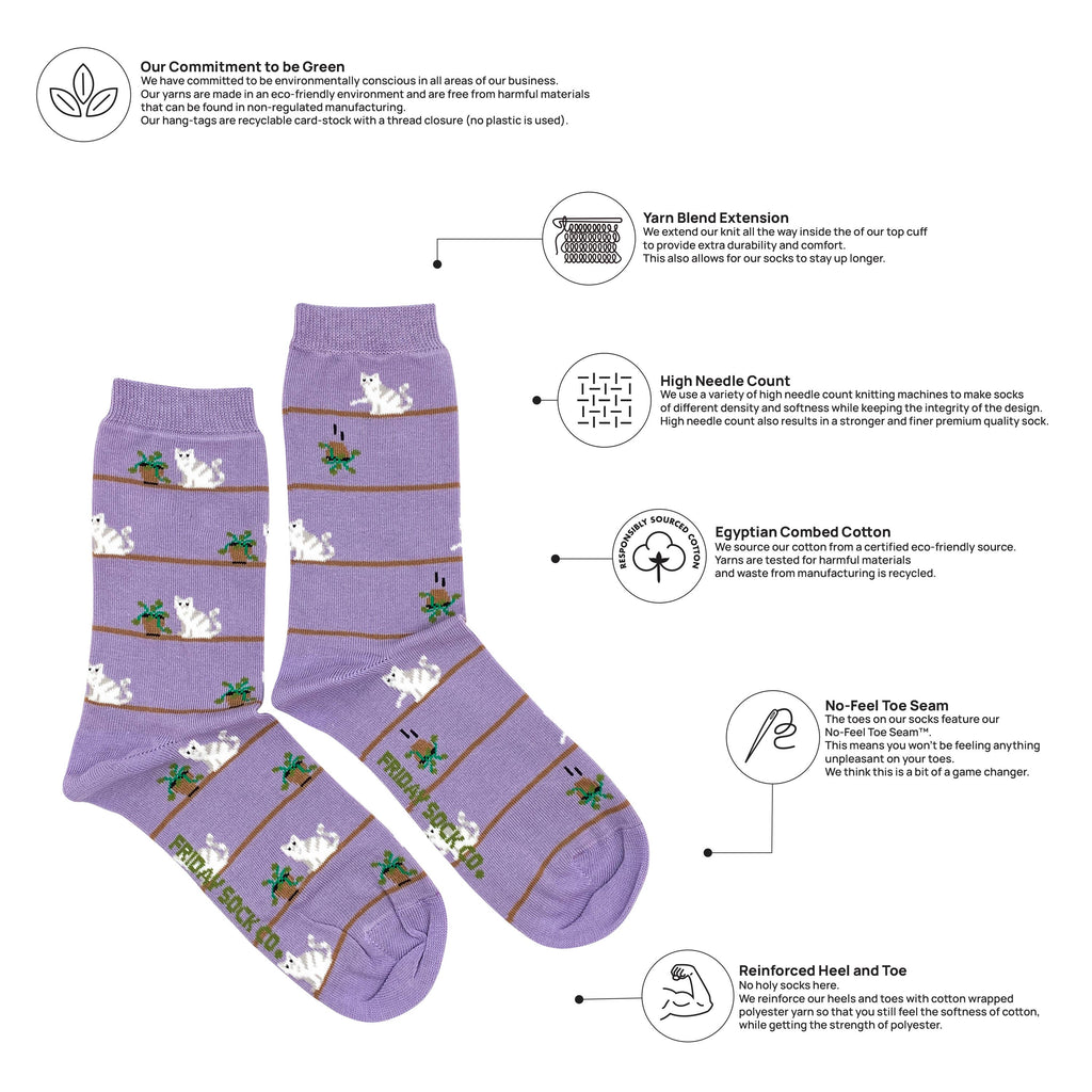 Friday Sock Co. - Women's Cat & Plant Crew Socks - Funny Pet Lover Gift