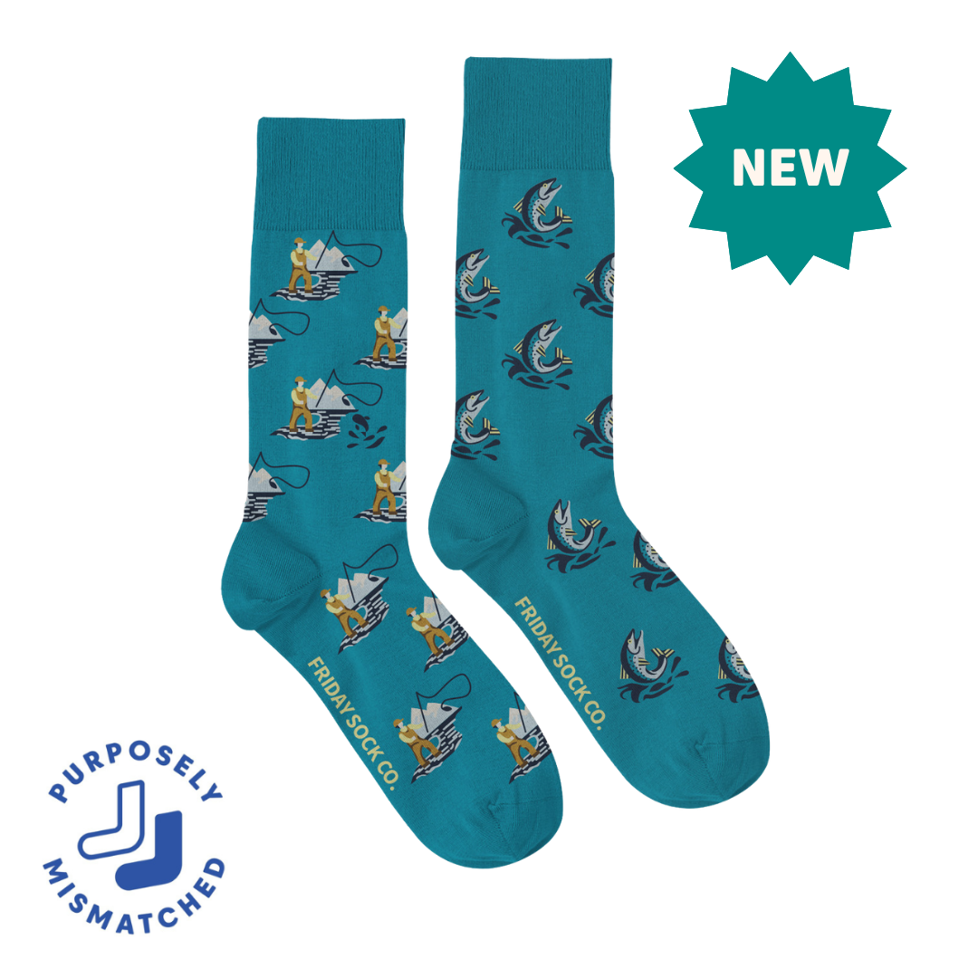 Friday Sock Co. - Men's Retro Fly Fishing Mid-Calf Socks - Fisherman Novelty