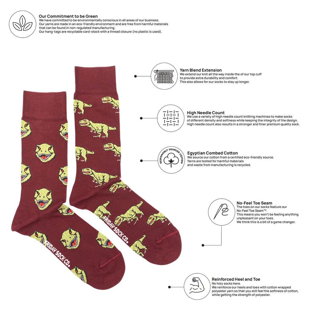 Friday Sock Co. - Men's Dino Face & Side Mid-Calf Socks - Fun Gift for Him