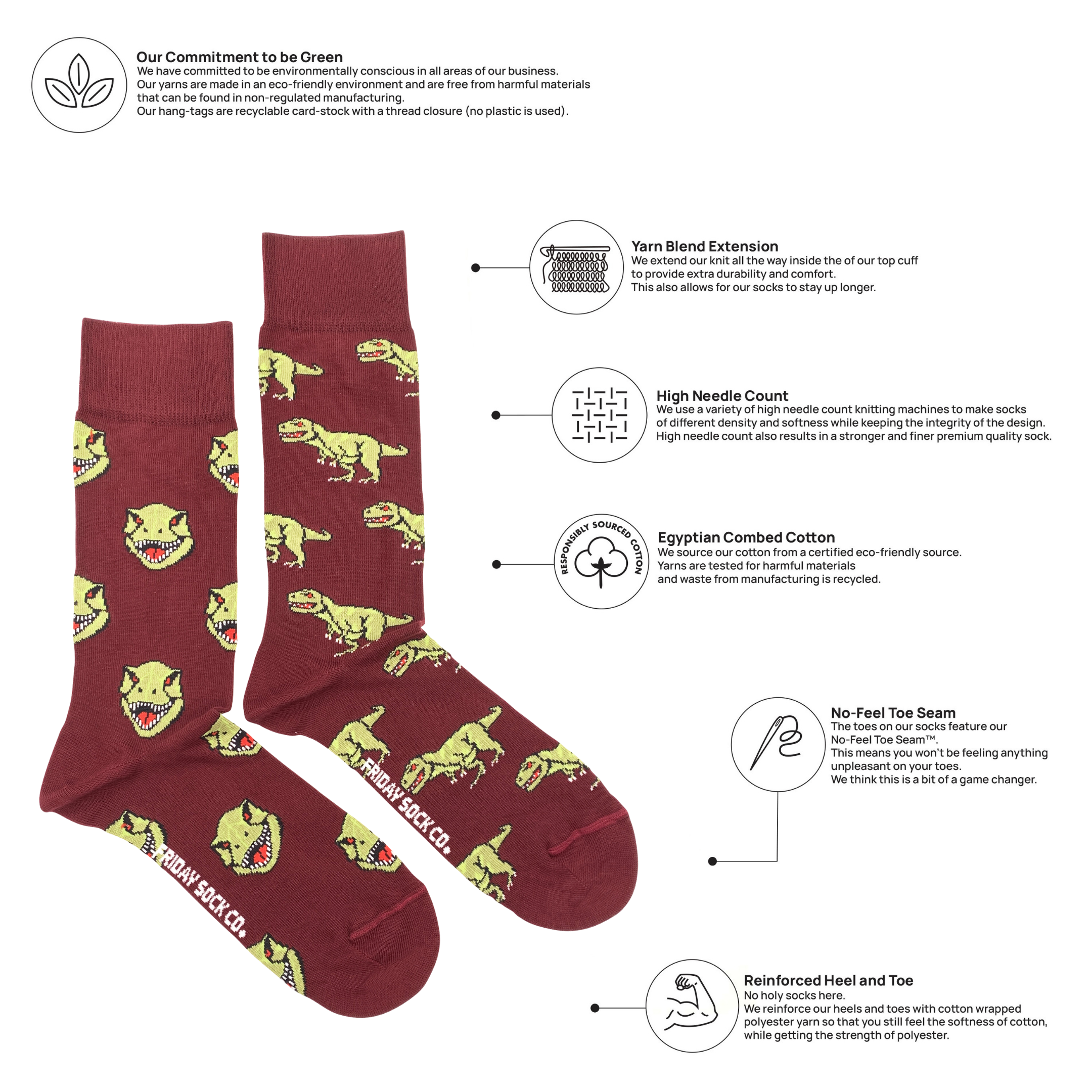 Friday Sock Co. - Men's Dino Face & Side Mid-Calf Socks - Fun Gift for Him
