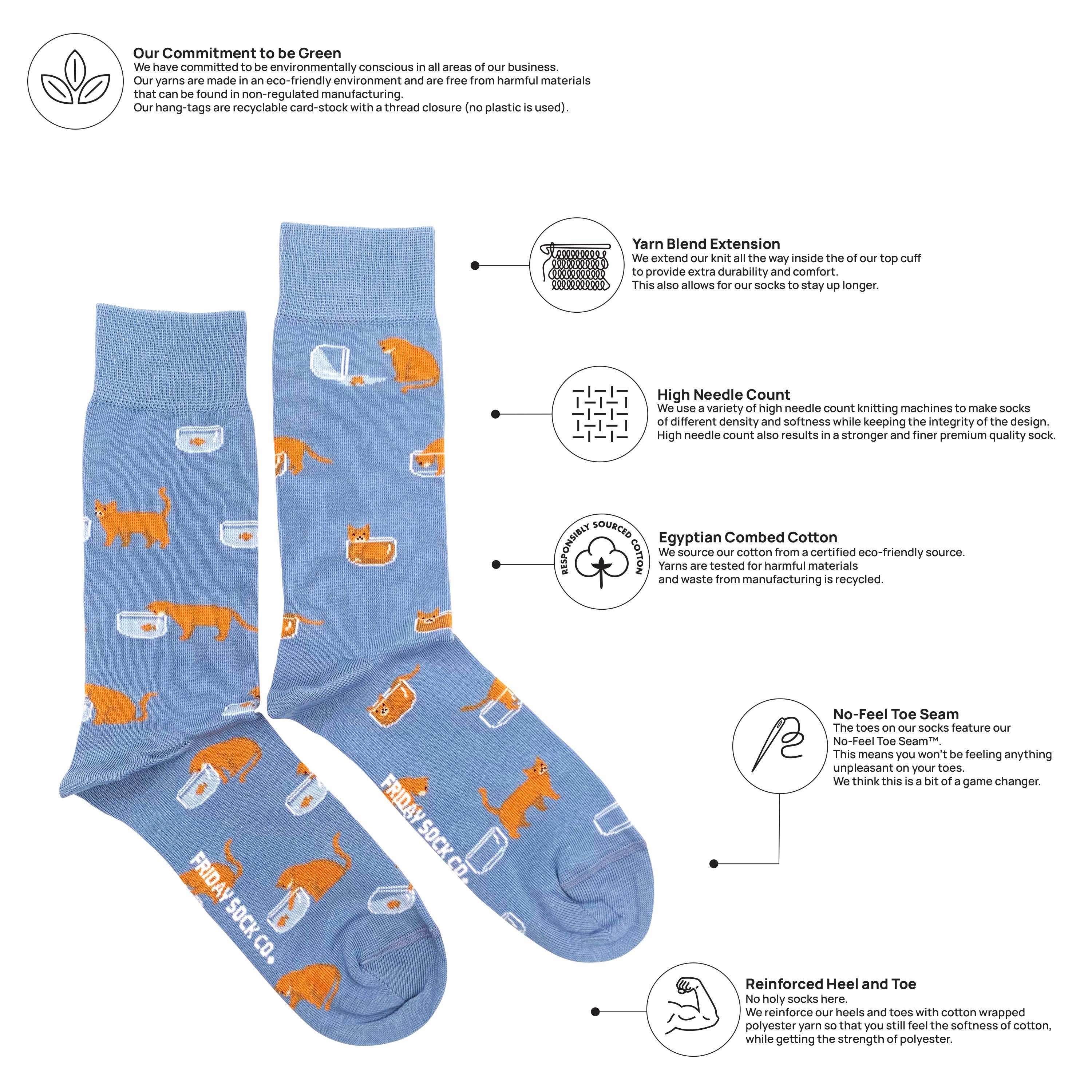 Friday Sock Co. - Men's Cat & Goldfish Mid-Calf Socks - Cute Novelty Print