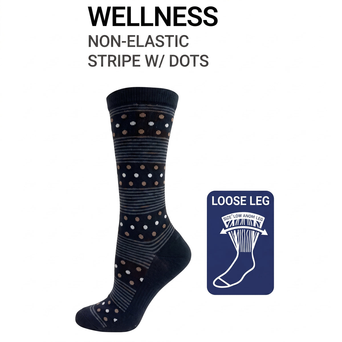KEY - Diabetic Wellness - Women's - non-Elastic - Crew Socks - STRIPE WITH DOTS