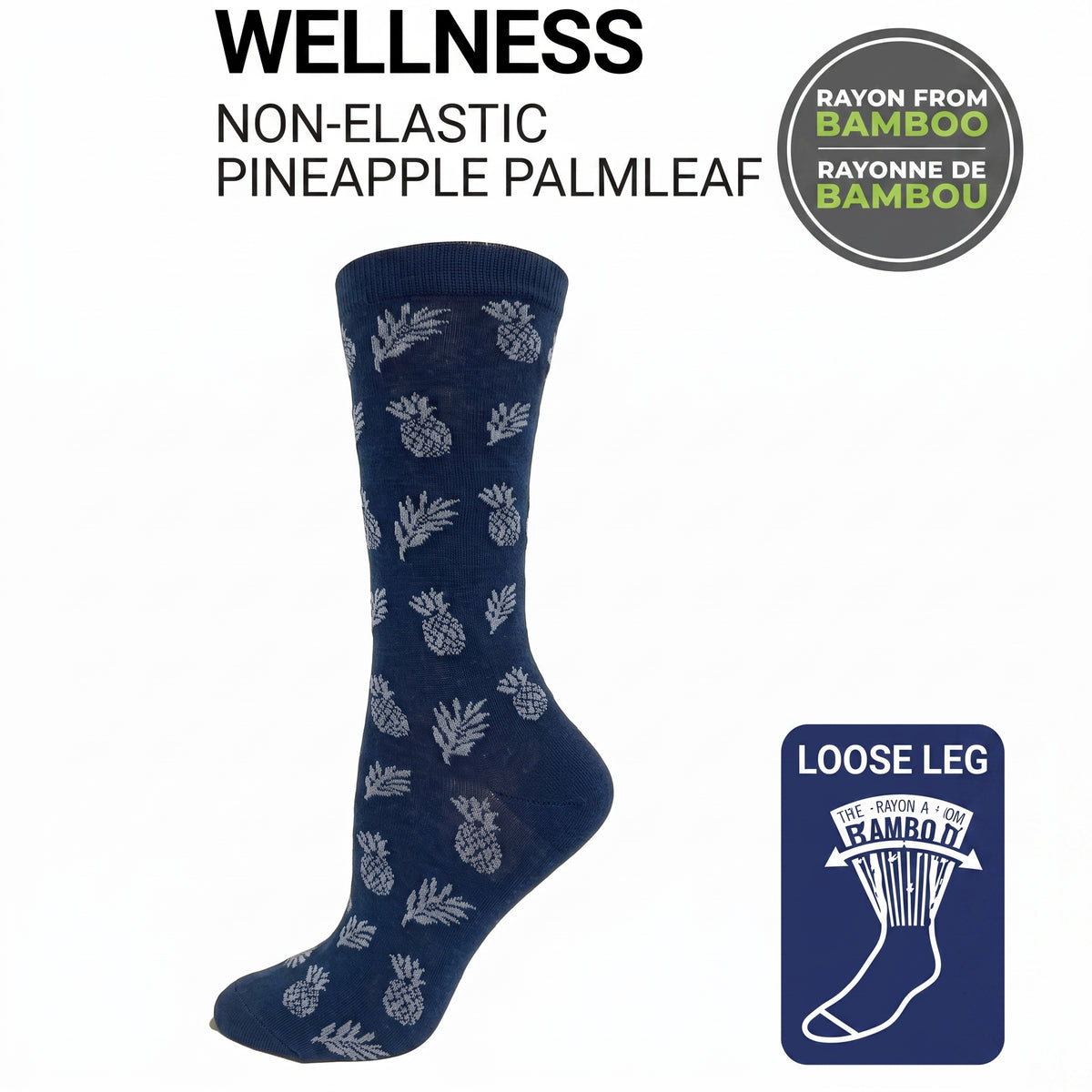 KEY - Diabetic Wellness - Women's - non-Elastic - Bamboo - Crew Socks - PINEAPPLE & PALMTREE