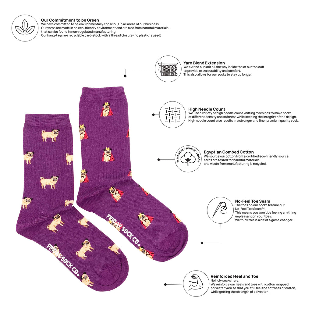 Friday Sock Co. - Women's Pug Crew Socks - Soft Everyday Comfort