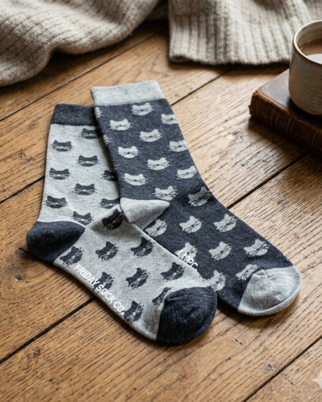 Friday Sock Co. - Women’s Inverted Grey Cat Crew Socks - Soft Combed Cotton