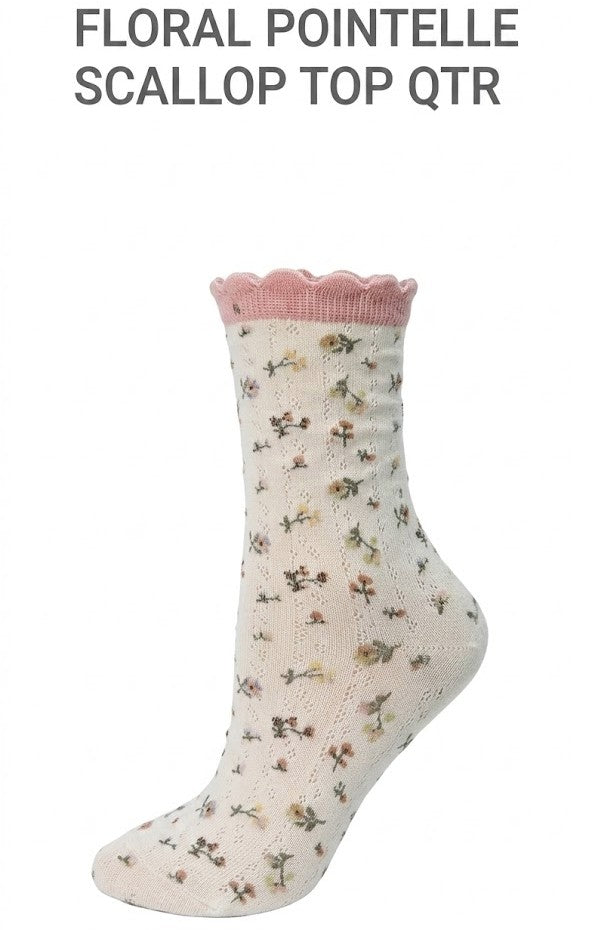 KEY - Women's - FLORAL POINTELLE SCALLOP TOP QTR Socks