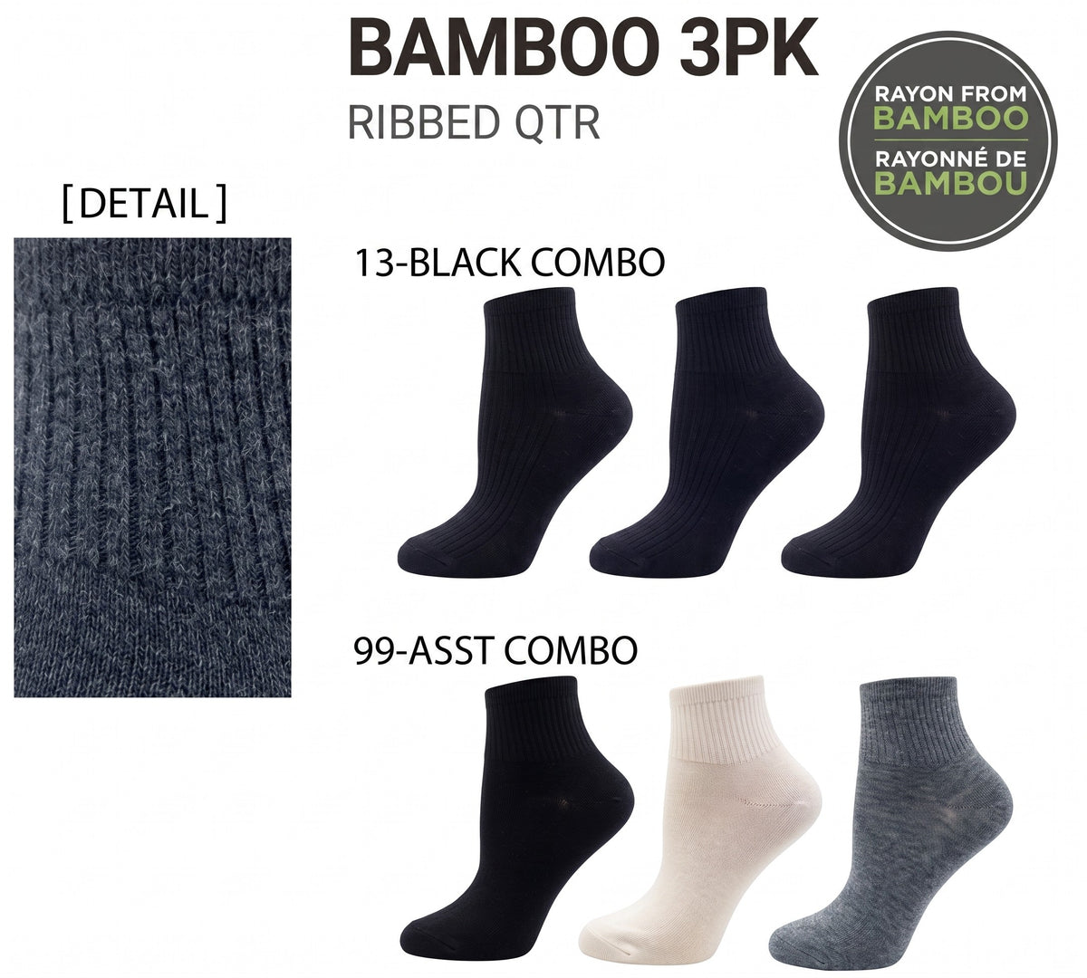 KEY - Women's - BAMBOO RIBBED Quarter Socks - 3PK