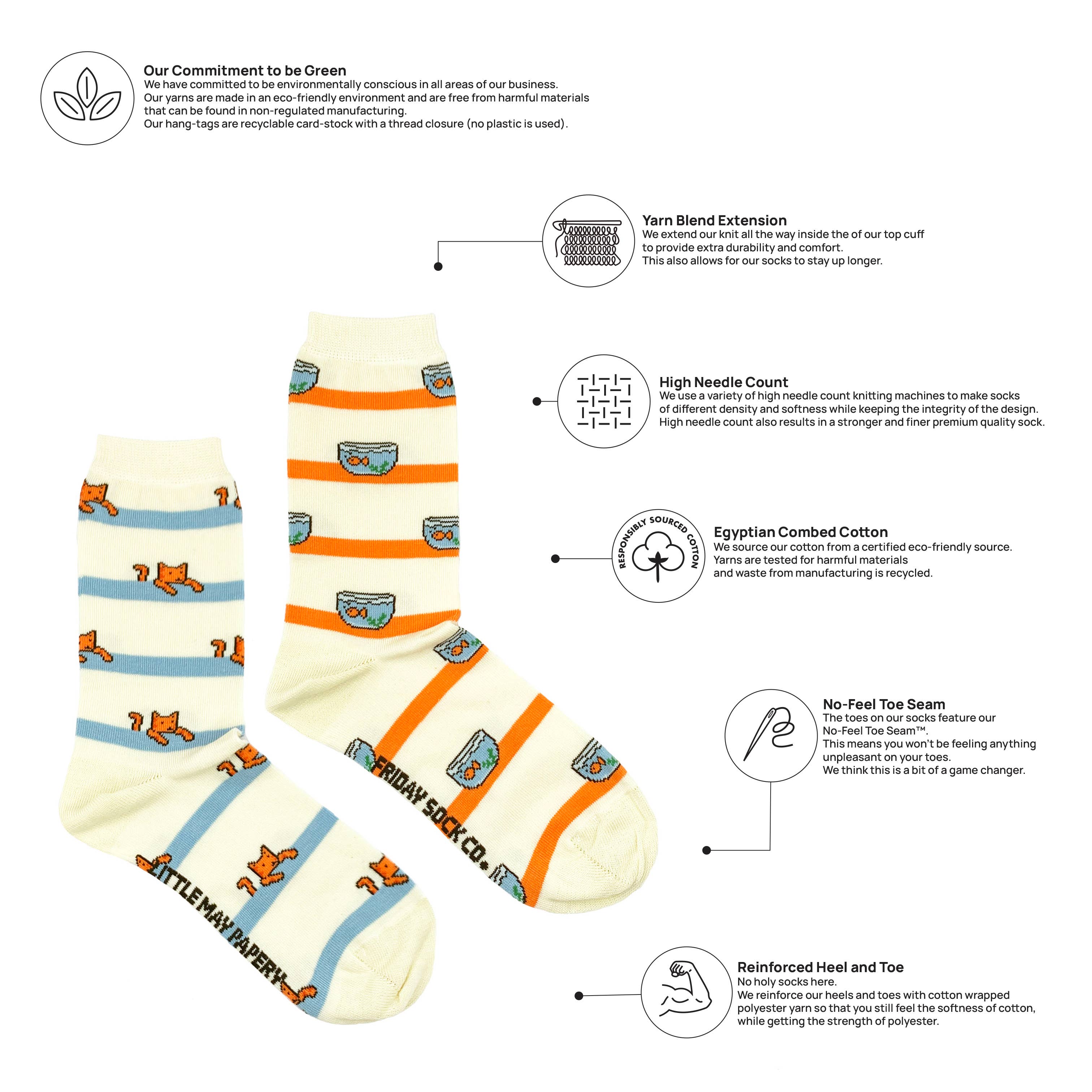Friday Sock Co. - Women’s Cat and Fishbowl Crew Socks - Playful Feline Design