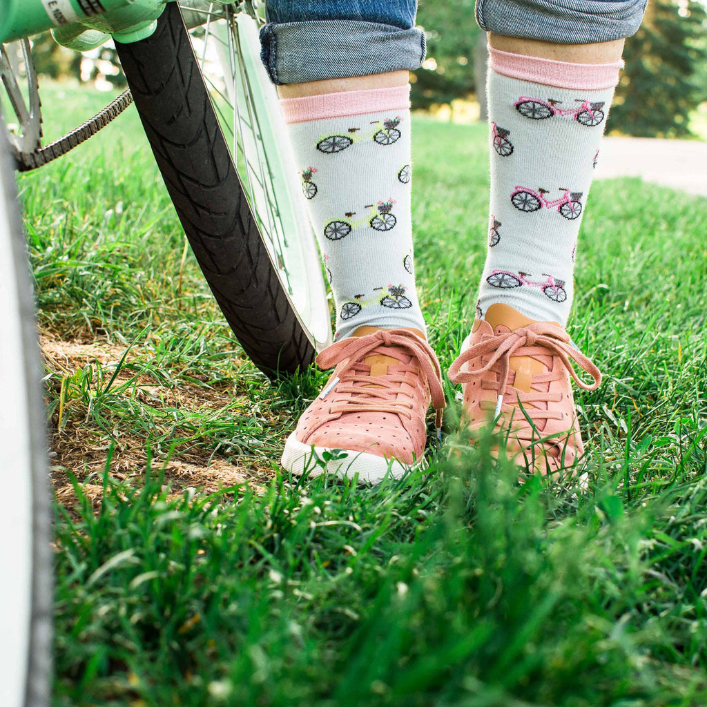 Friday Sock Co. - Women’s Pink & Yellow Bicycle  Crew Socks - Unique Gift