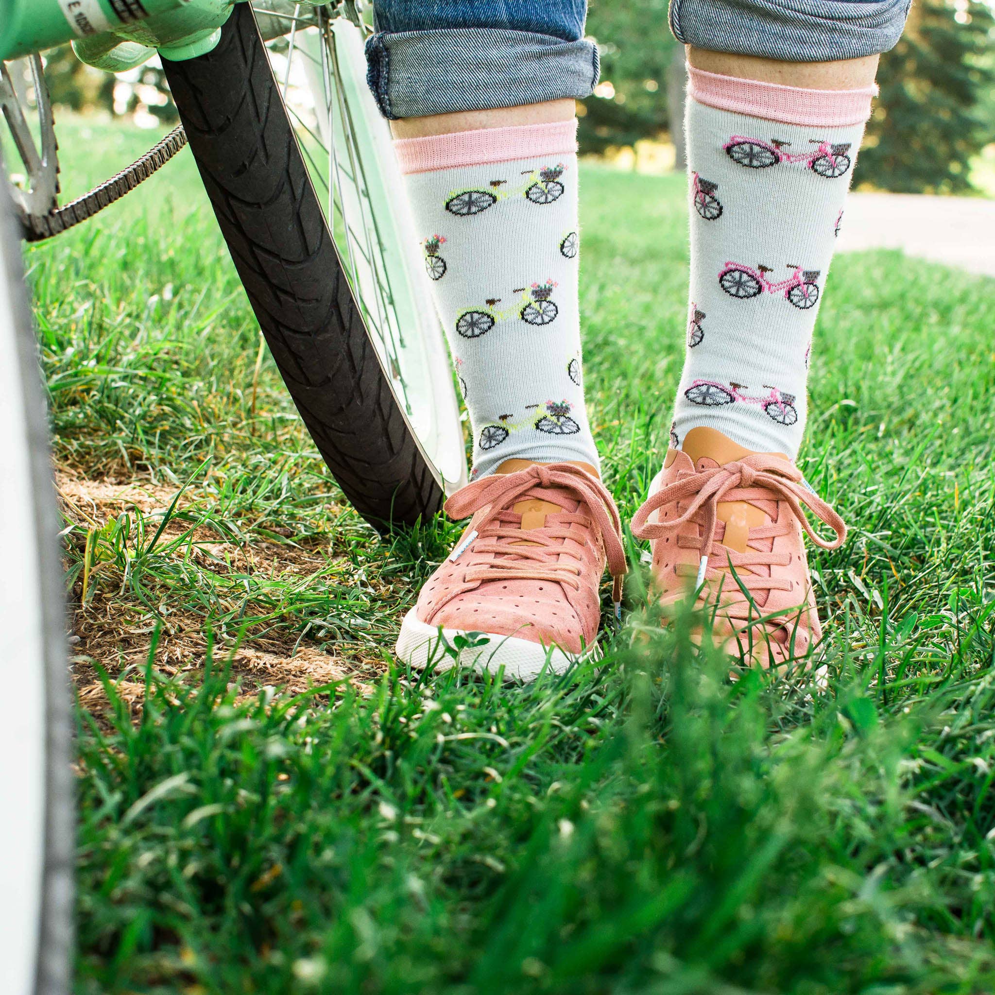 Friday Sock Co. - Women’s Pink & Yellow Bicycle  Crew Socks - Unique Gift