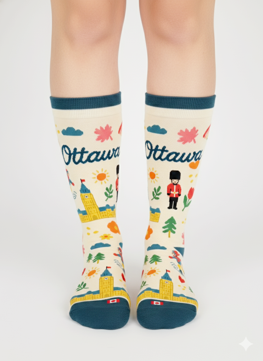 Northern Icons Canada - Ottawa Canada Landmark Crew Socks with Parliament Illustration