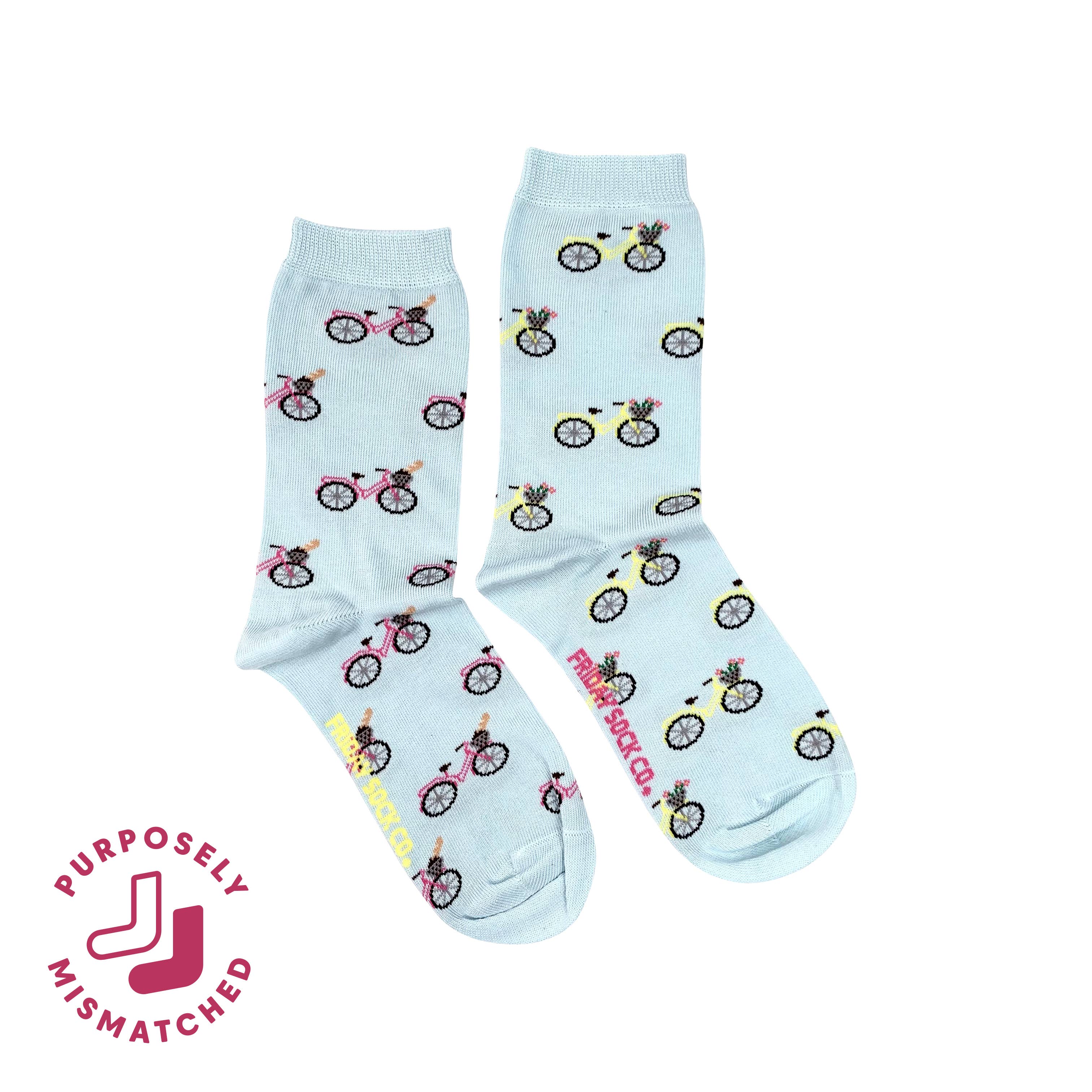 Friday Sock Co. - Women’s Pink & Yellow Bicycle  Crew Socks - Unique Gift
