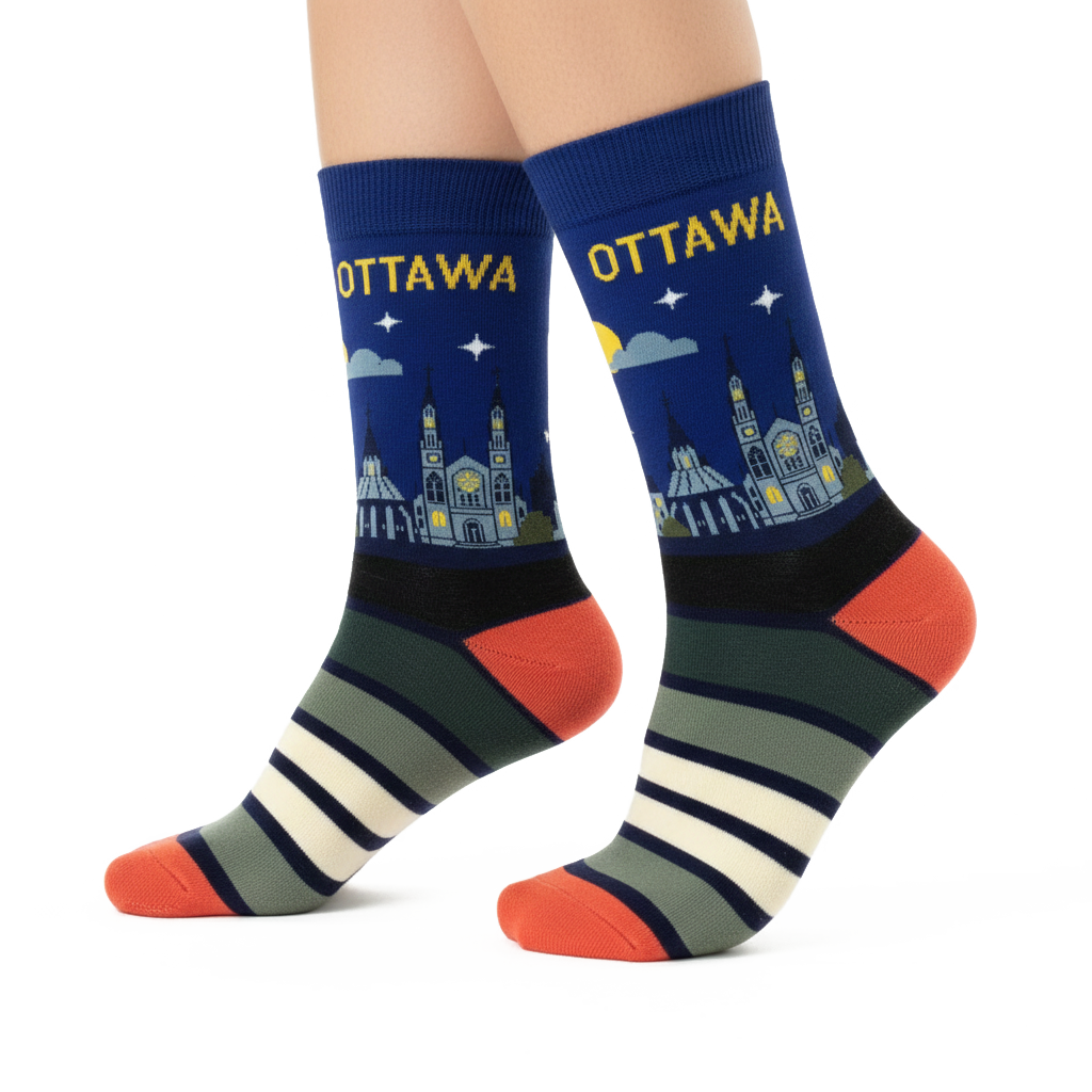 Northern Icons Canada - Ottawa Skyline Crew Socks, Canada City Night Graphic Travel Souvenir Gift