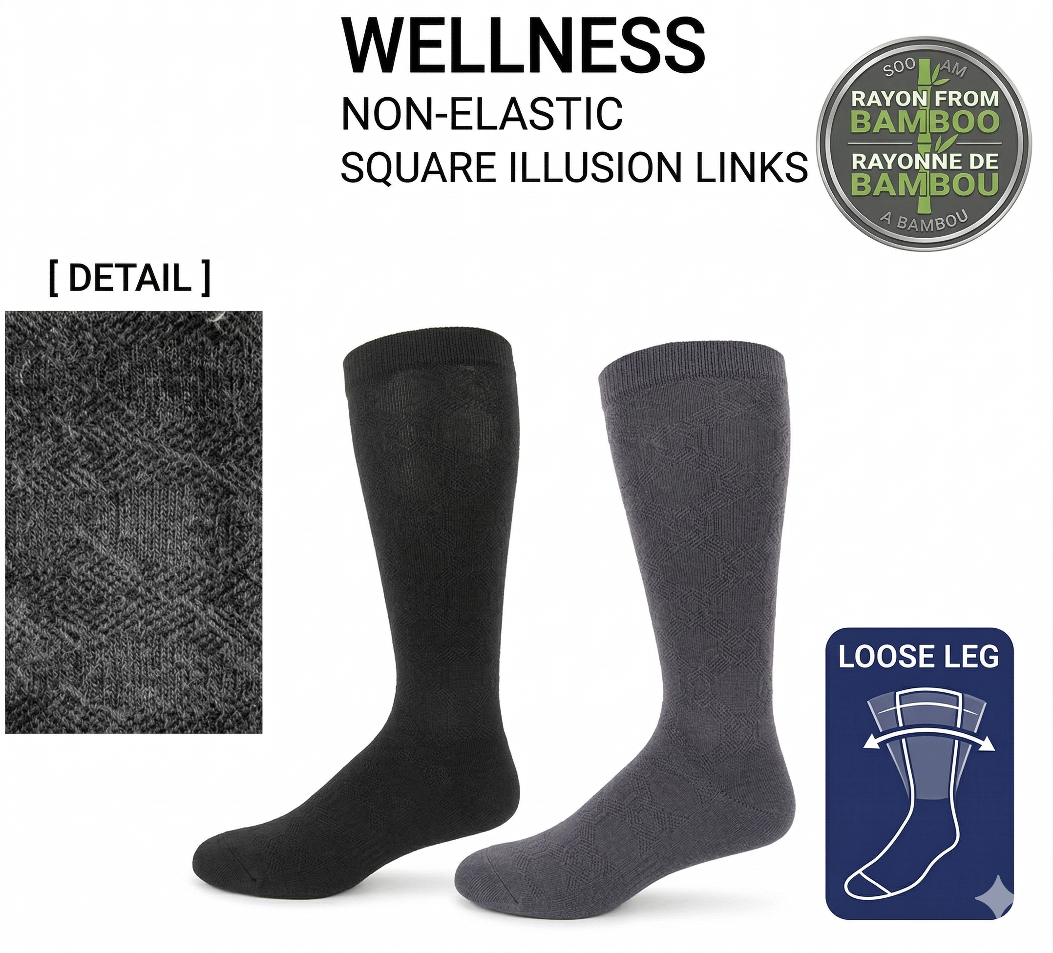 KEY - Diabetic Wellness - Men's - Non-Elastic - Bamboo - Square Illusion Socks