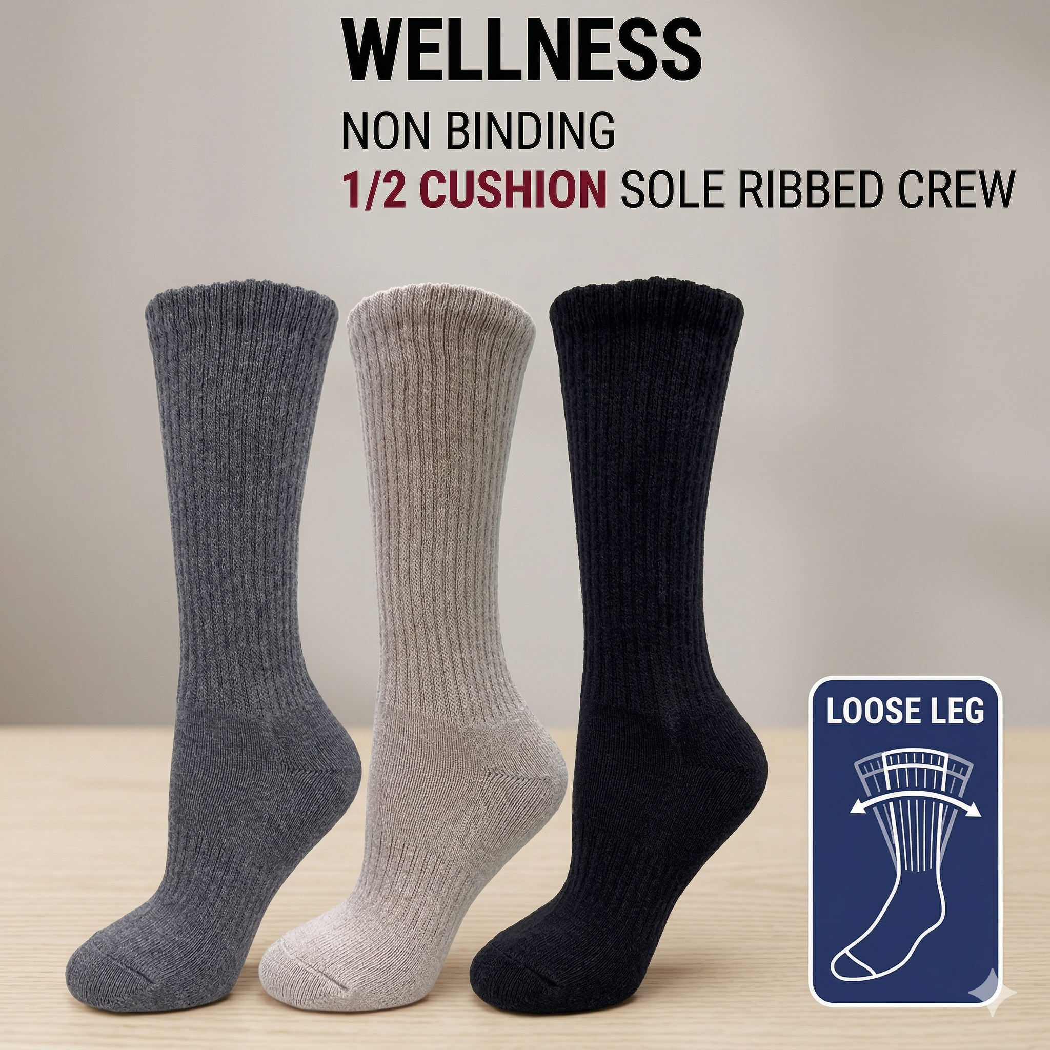 KEY - Diabetic Wellness - Women's - 1/2 Cushioned - Sole Ribbed - Crew Socks
