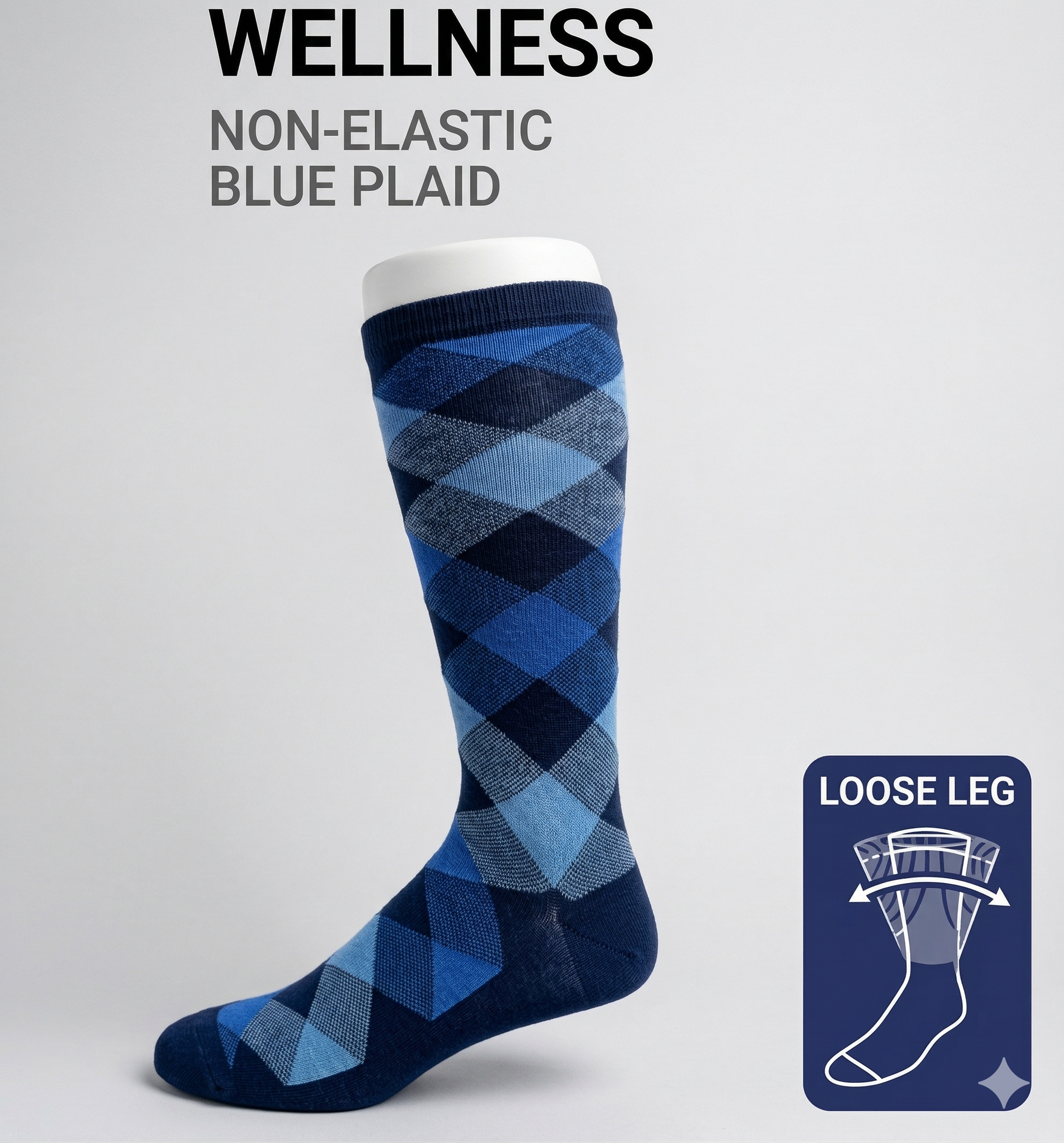 KEY - Diabetic Wellness - Men's - Non-Elastic - Plaid - Navy