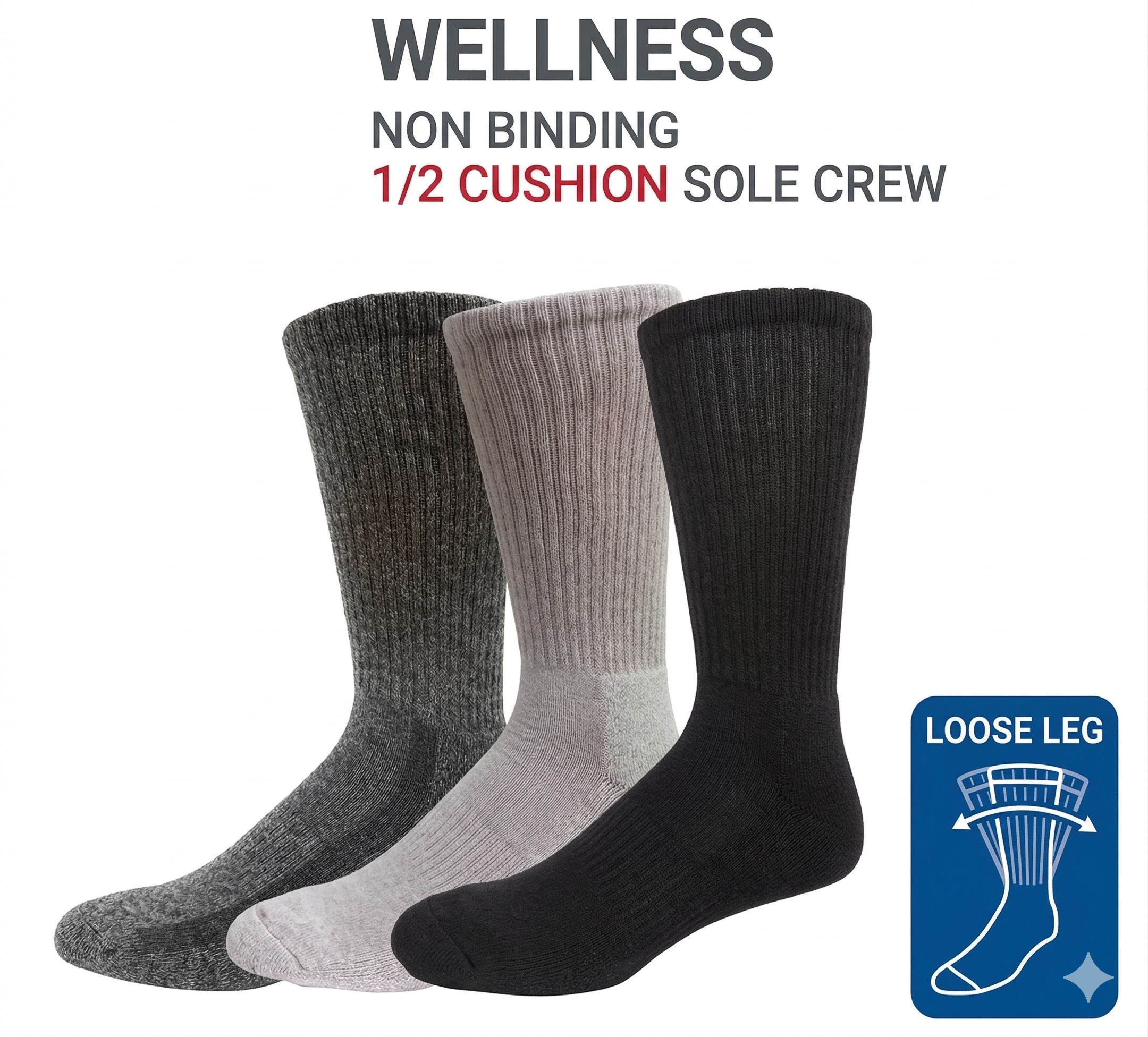 KEY Diabetic Wellness Socks-Men's- Non Binding 1/2 Cushion Sole Crew