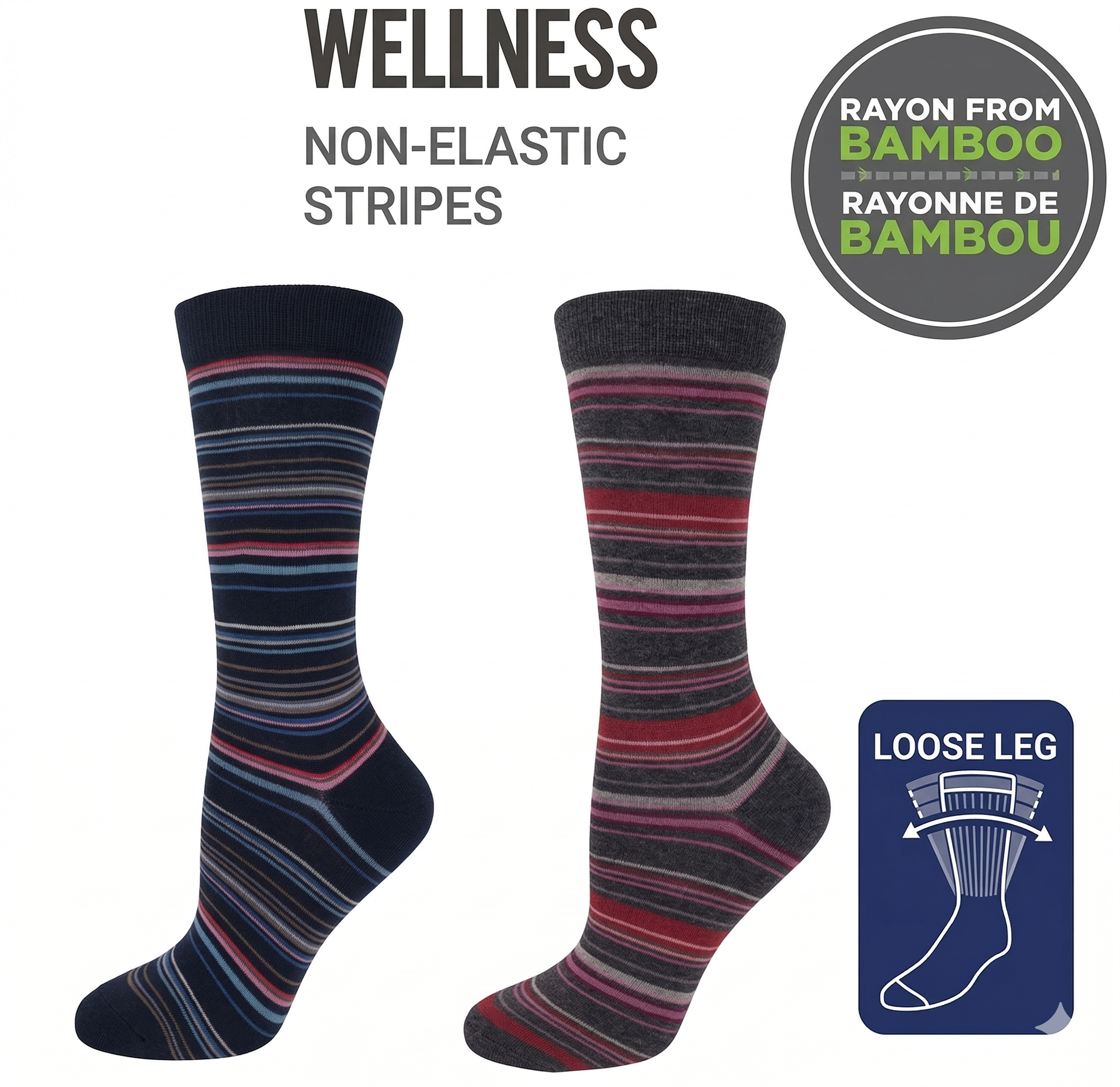 KEY - Diabetic Wellness - Women's - non-Elastic - Bamboo - Crew Socks - Stripes