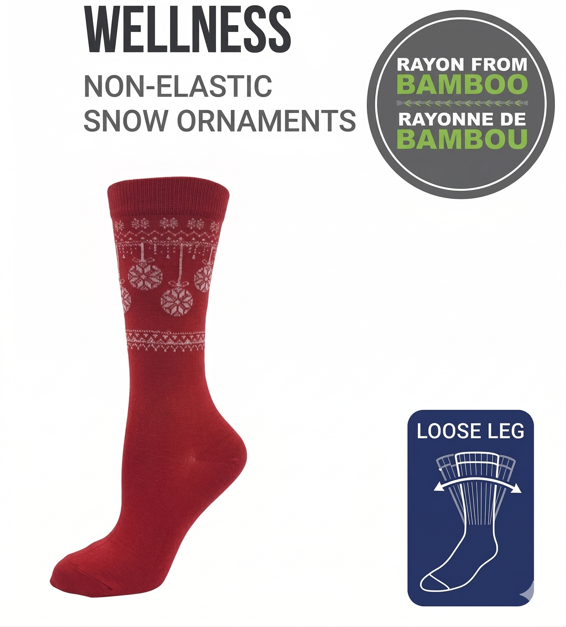 KEY - Diabetic Wellness - Women's - non-Elastic - Bamboo - Crew Socks - Snow Ornaments