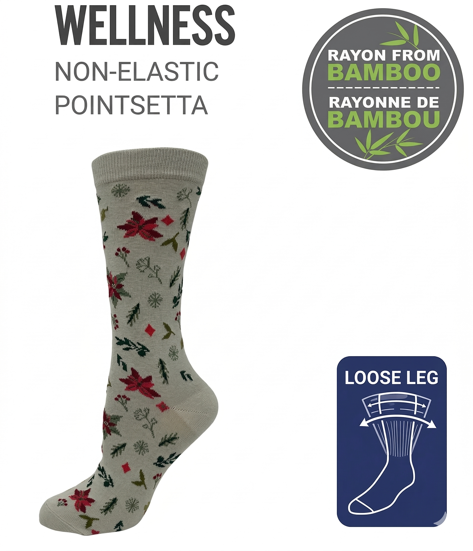 KEY - Diabetic Wellness - Women's - non-Elastic - Bamboo - Crew Socks -  Pointsetta