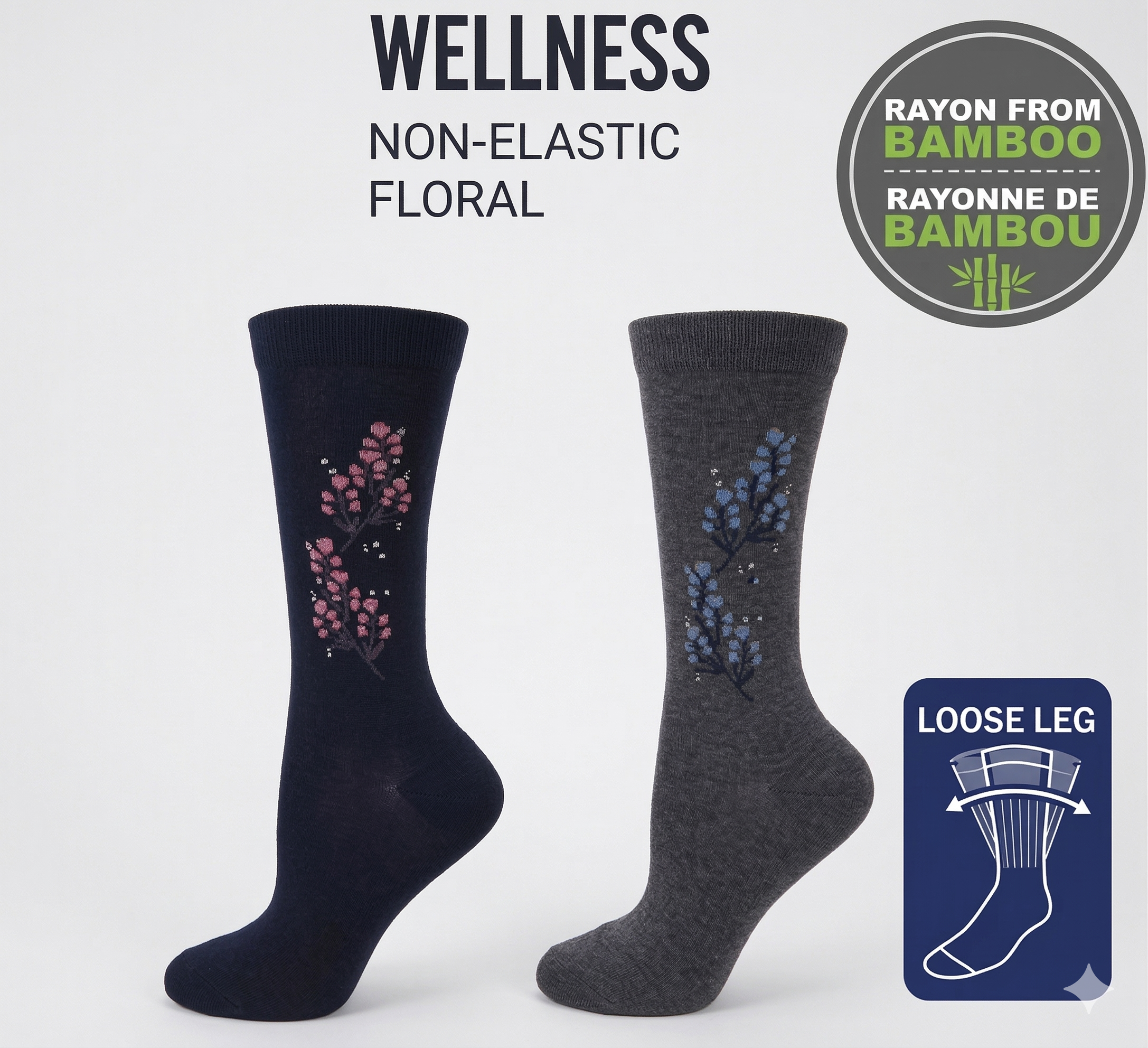 KEY - Diabetic Wellness - Women's - non-Elastic - Bamboo - Crew Socks -  Floral