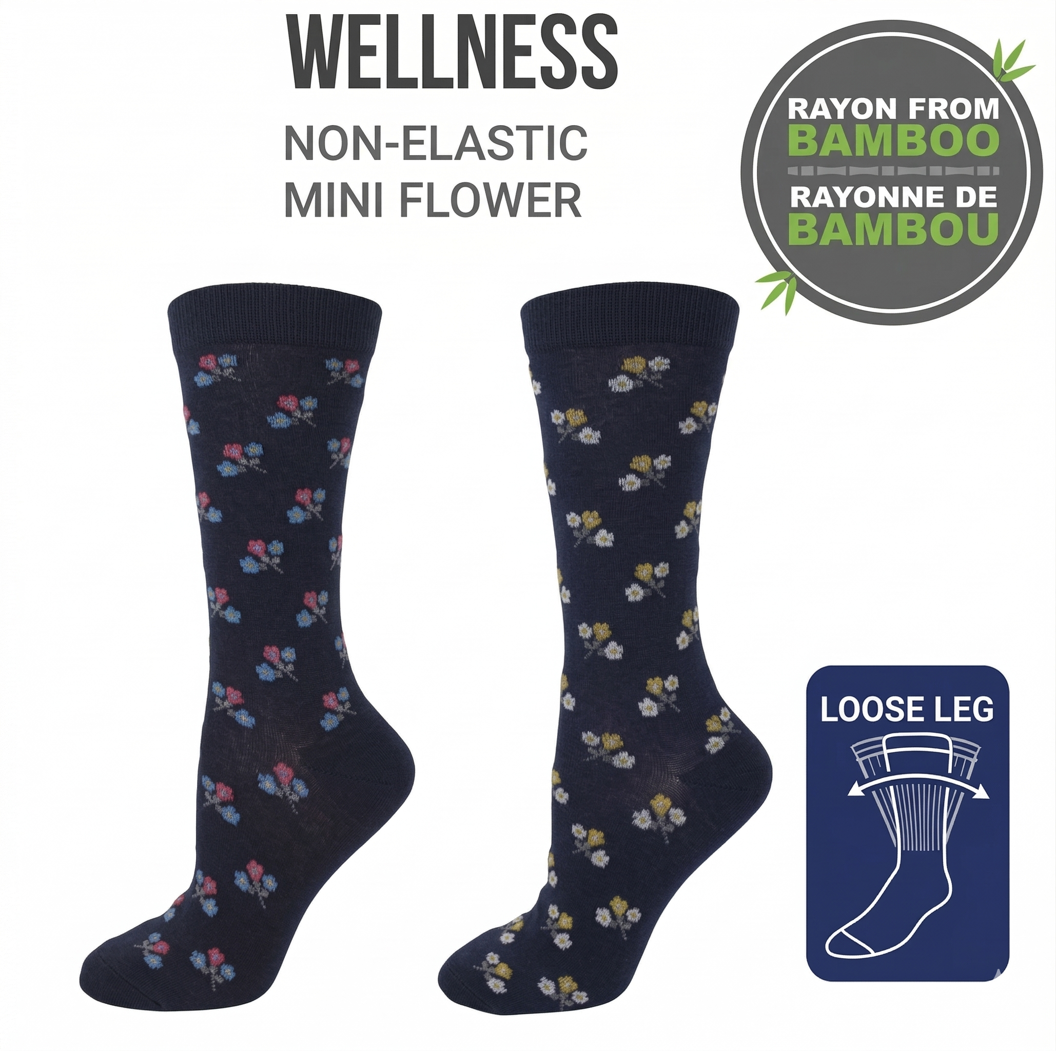 KEY - Diabetic Wellness - Women's - non-Elastic - Bamboo - Crew Socks - Mini Flower