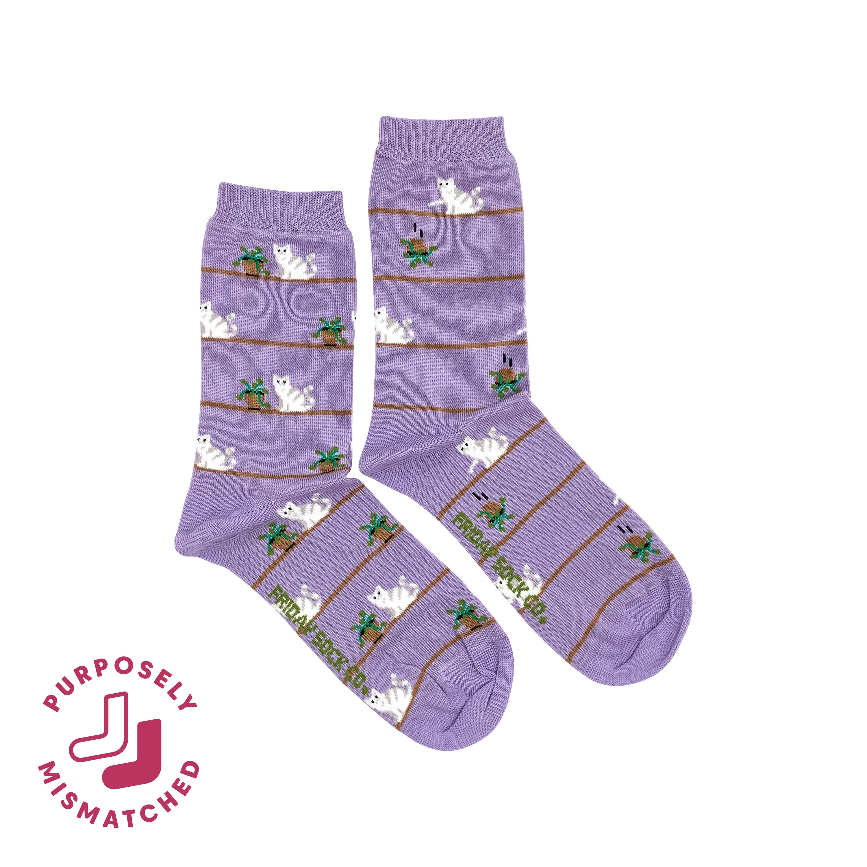 Friday Sock Co. - Women's Cat & Plant Crew Socks - Funny Pet Lover Gift