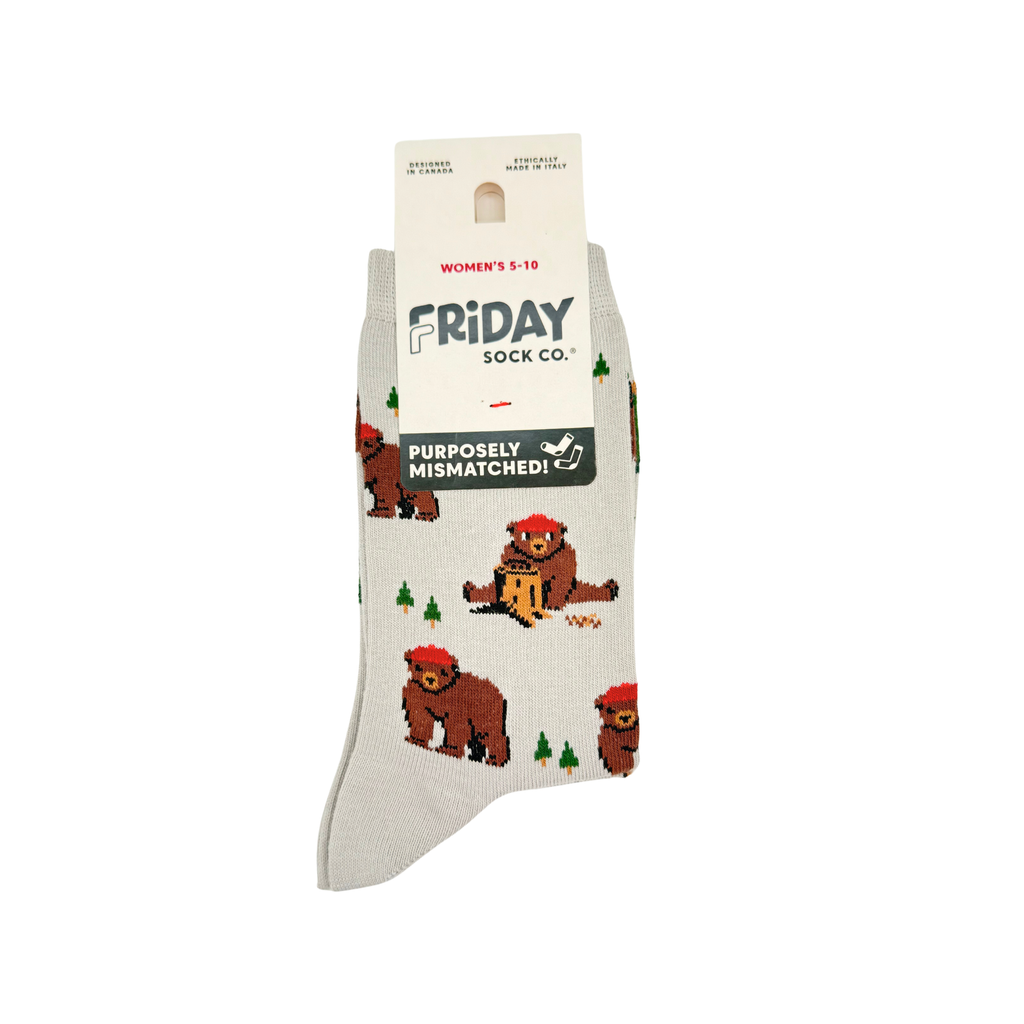 Friday Sock Co. - Women's Bear in Hat and Trees Crew Socks - Cute Gift for Mom