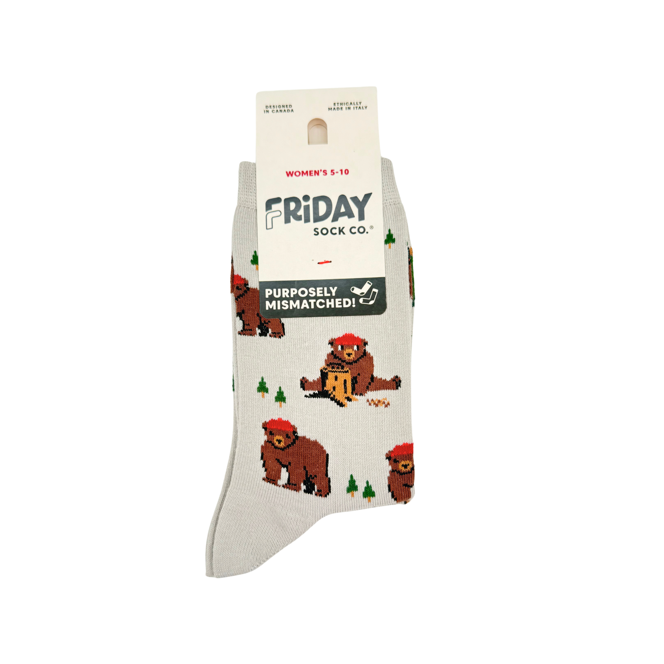 Friday Sock Co. - Women's Bear in Hat and Trees Crew Socks - Cute Gift for Mom