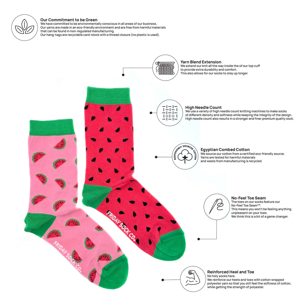 Friday Sock Co. - Women’s Inside Out Watermelon Crew Socks - Summer Vibes