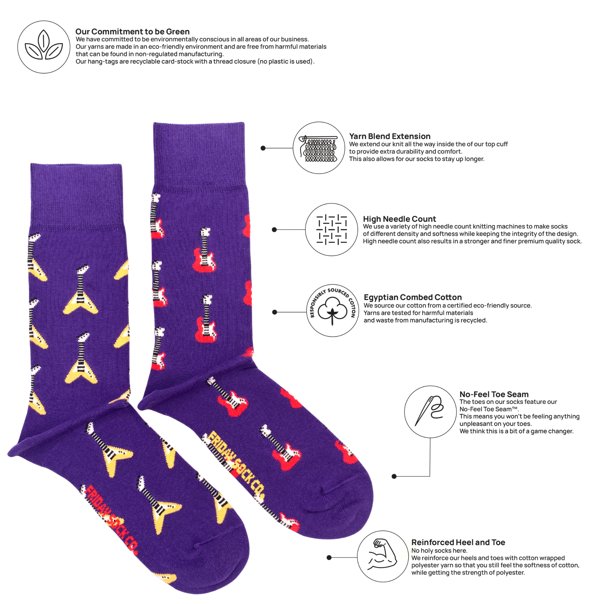 Friday Sock Co. - Men's Electric Guitar  Mid-Calf Socks - Father's Day, Music