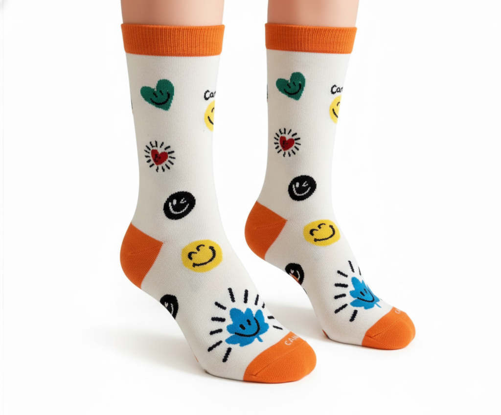 Northern Icons Canada - Canada Smiley Maple Leaf Crew Socks, Cute Graphic Cozy Casual Gift Socks