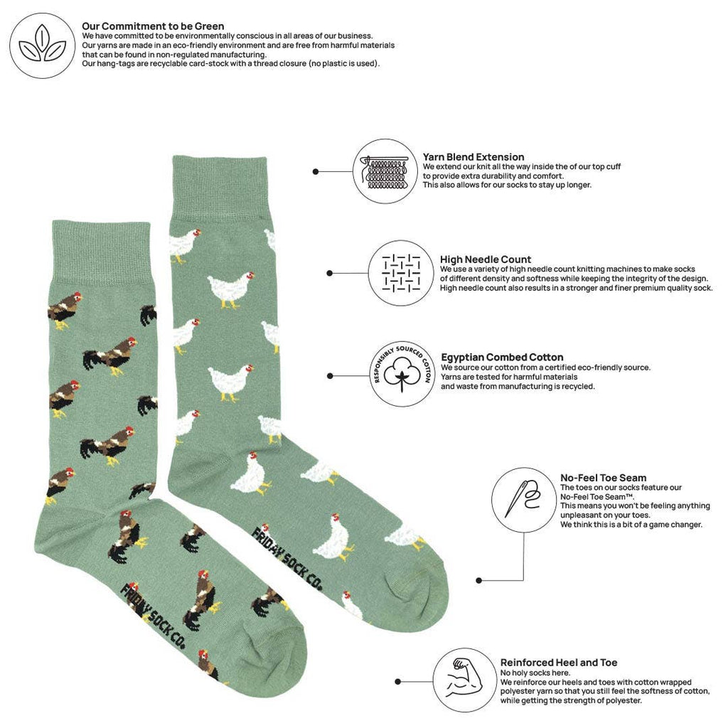 Friday Sock Co. - Men’s Chicken & Rooster Mid-Calf Socks - Fun Colorful Gift