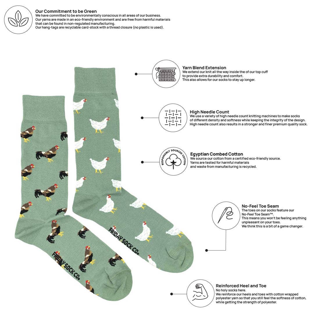Friday Sock Co. - Men’s Chicken & Rooster Mid-Calf Socks - Fun Colorful Gift