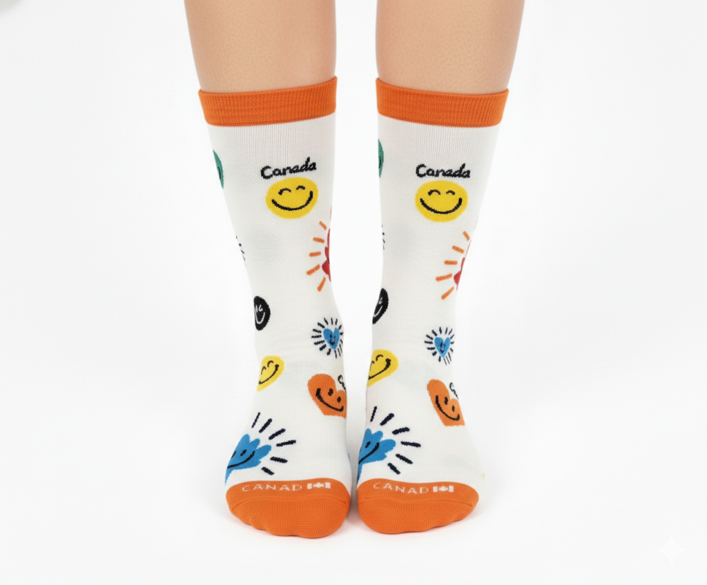 Northern Icons Canada - Canada Smiley Maple Leaf Crew Socks, Cute Graphic Cozy Casual Gift Socks