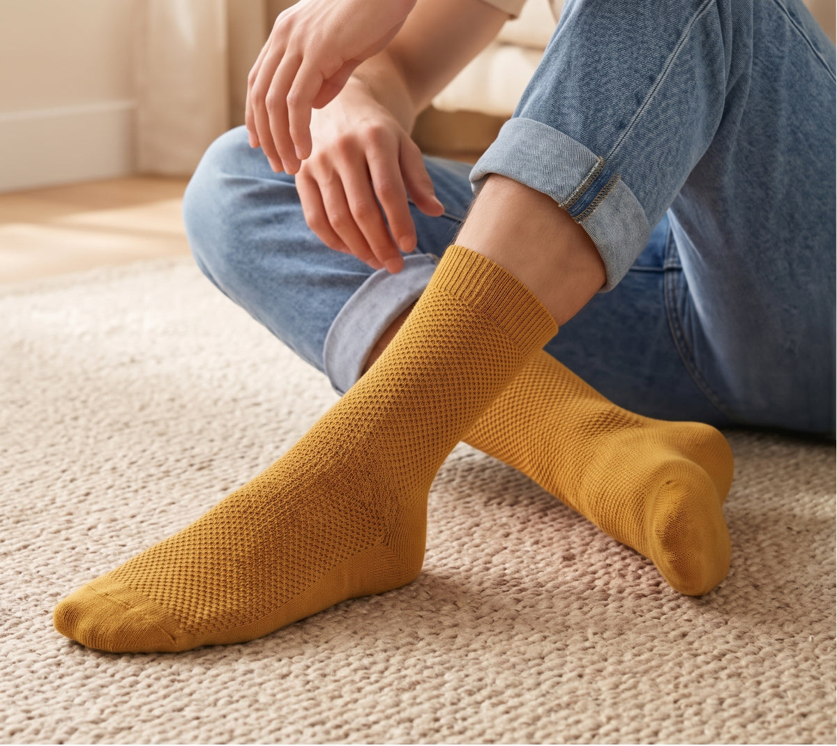 Yangmal Babo-Men's - Waffle Weave Dress Socks: Mustard